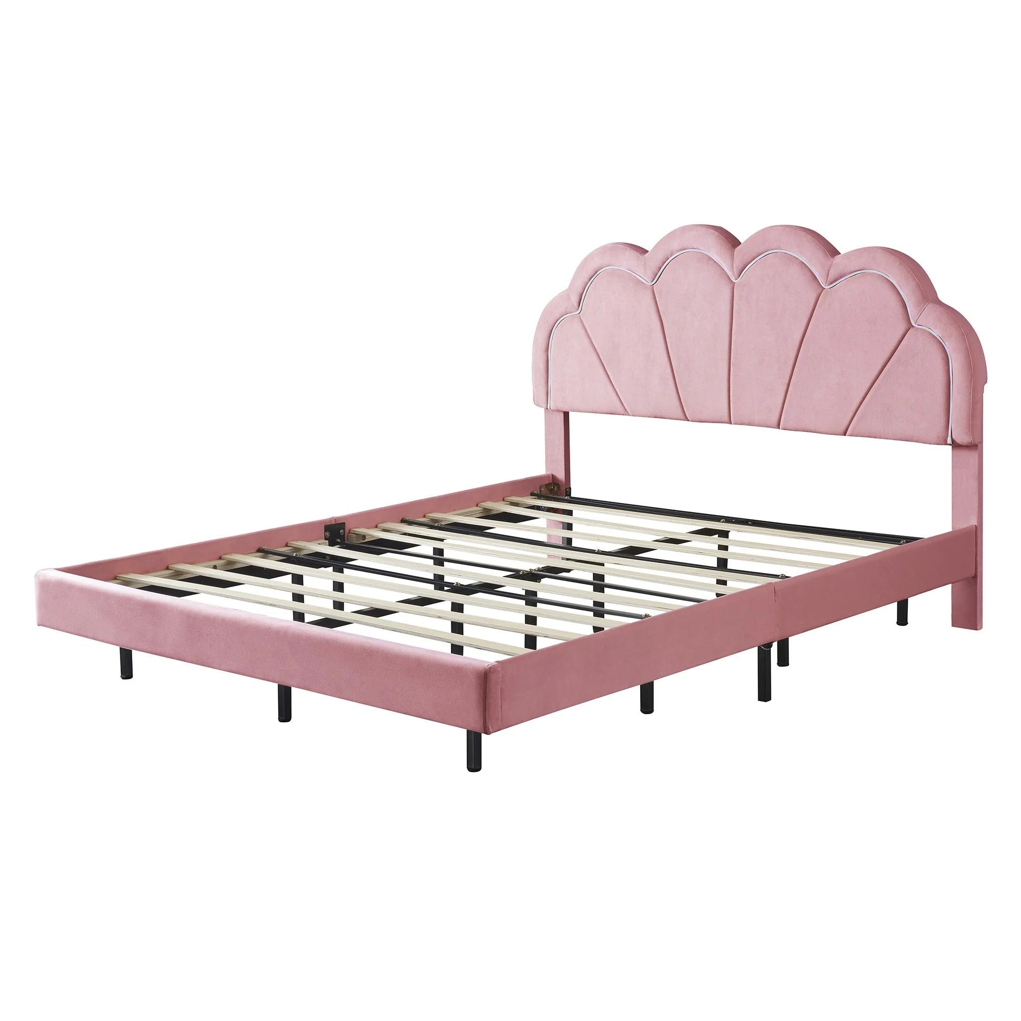 Bellemave Queen Size LED Floating Bed Frame, Pink Upholstered Platform Bed with Flowers Headboard, Modern Velvet Cloud Beds with Light for Kids Girls Boys Teens Adults（Pink)