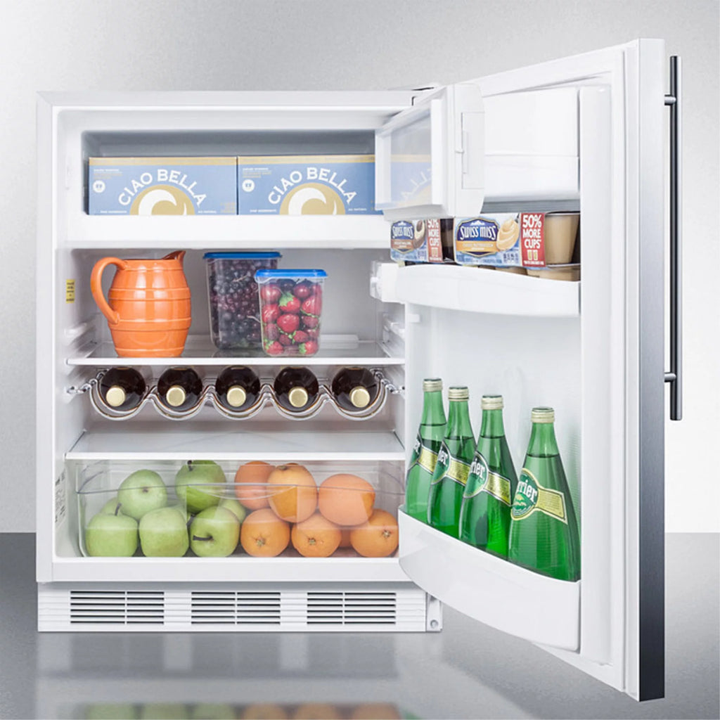 ADA compliant built-in undercounter refrigerator-freezer for residential use, cycle defrost w/deluxe interior, SS door, thin handle, and white cabinet