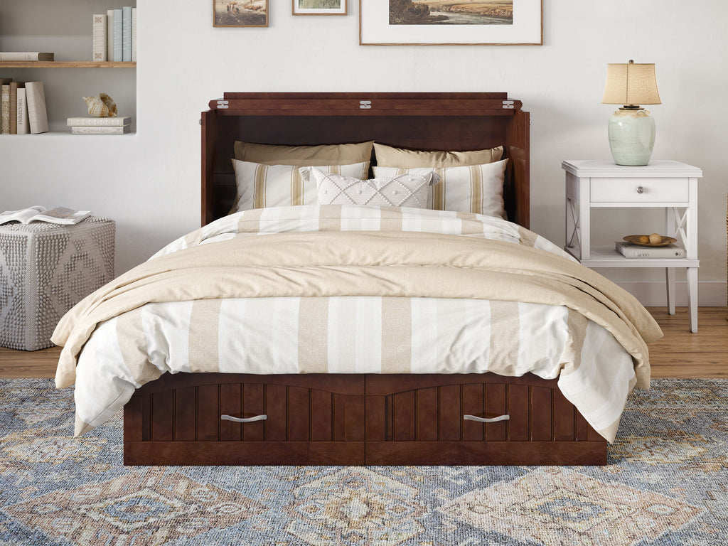 AFI Southampton Full Wood Murphy Bed Chest with Mattress, Drawer & Charger in Walnut