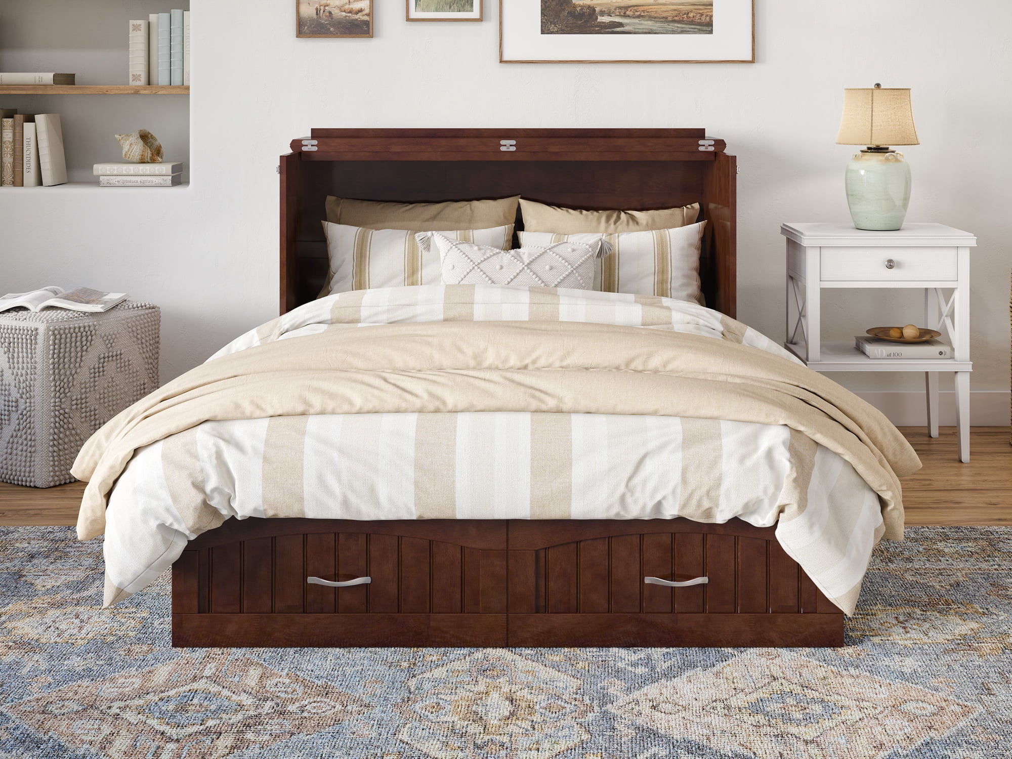 AFI Southampton Full Wood Murphy Bed Chest with Mattress, Drawer & Charger in Walnut