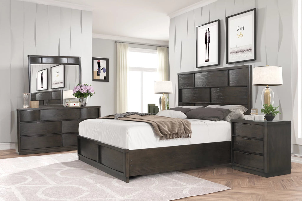 Belani Wood Panel Bed Set, King Bed, Dresser, Mirror, Nightstand, Chest, Espresso