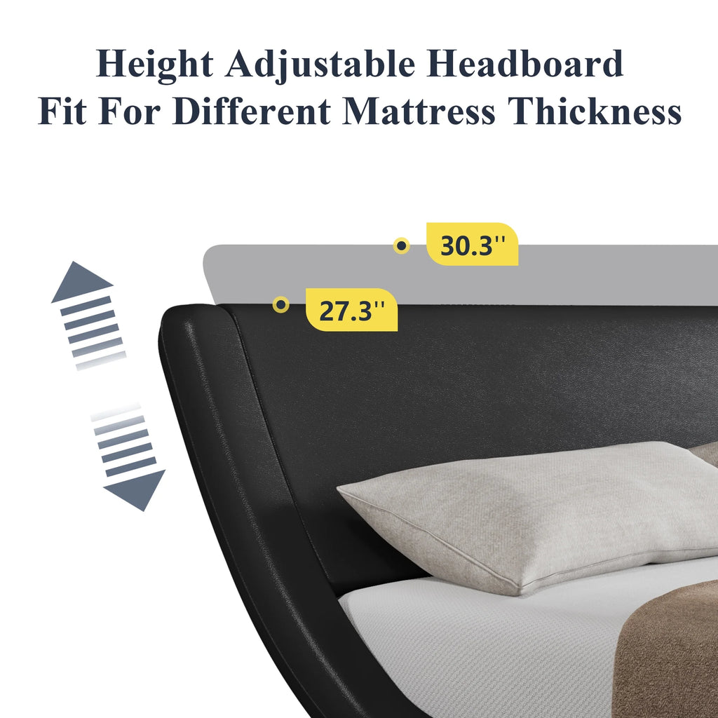 Allewie Queen Size Low Profile Modern Upholstered Platform Bed Frame with Ergonomic & Adjustable Headboard, Black
