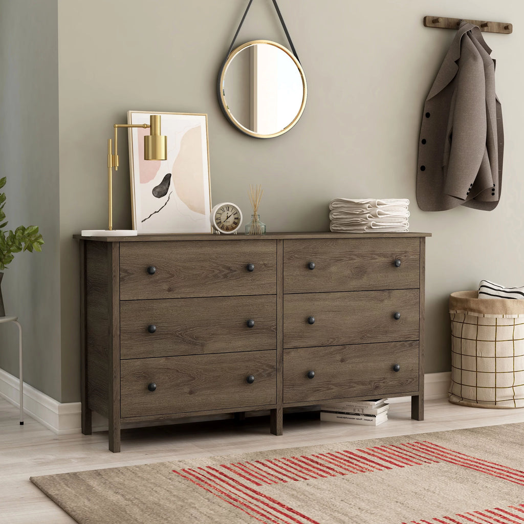 24/7 Shop At Home Rim Wood 6-Drawer Dresser for Bedroom, Distressed Walnut