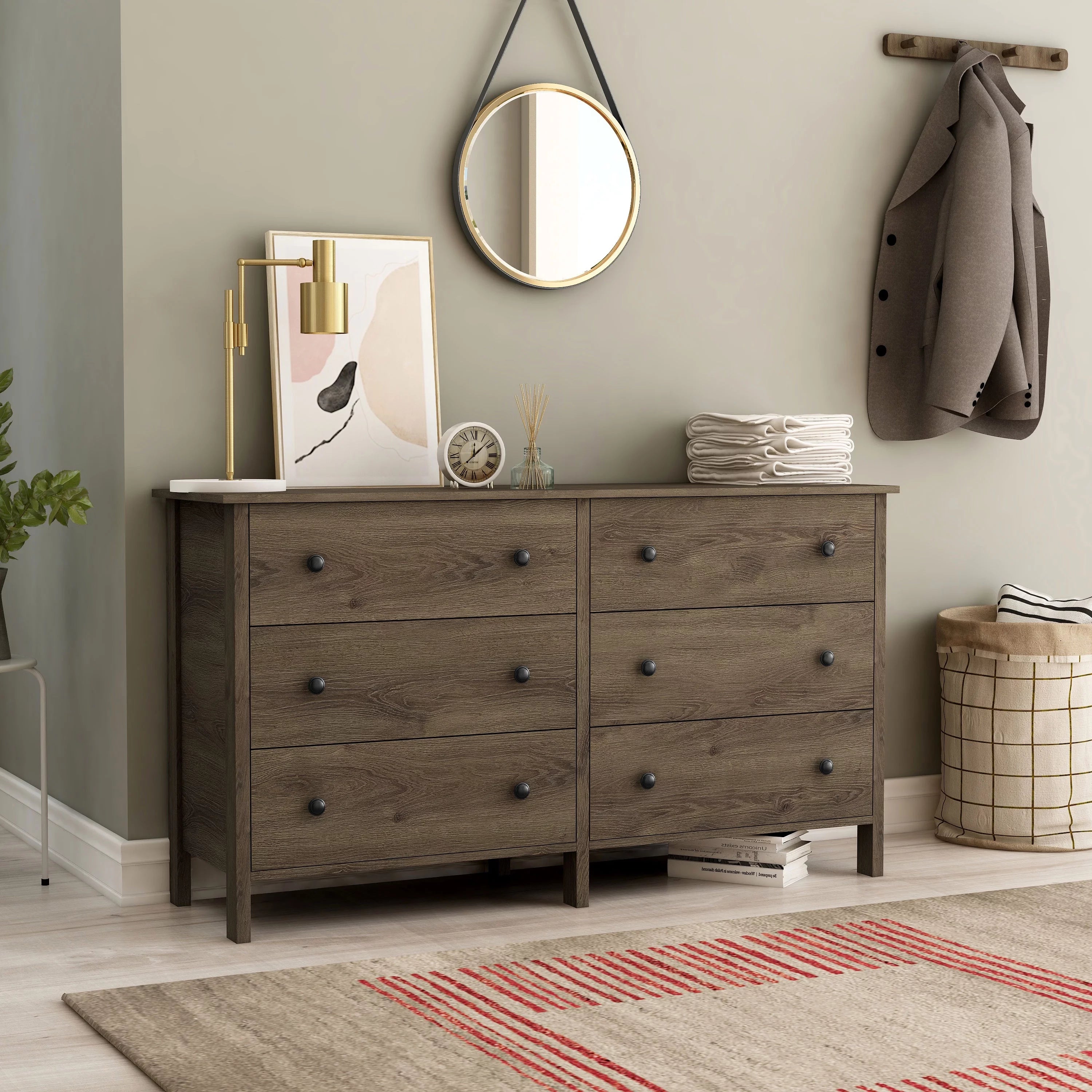 24/7 Shop At Home Rim Wood 6-Drawer Dresser for Bedroom, Distressed Walnut