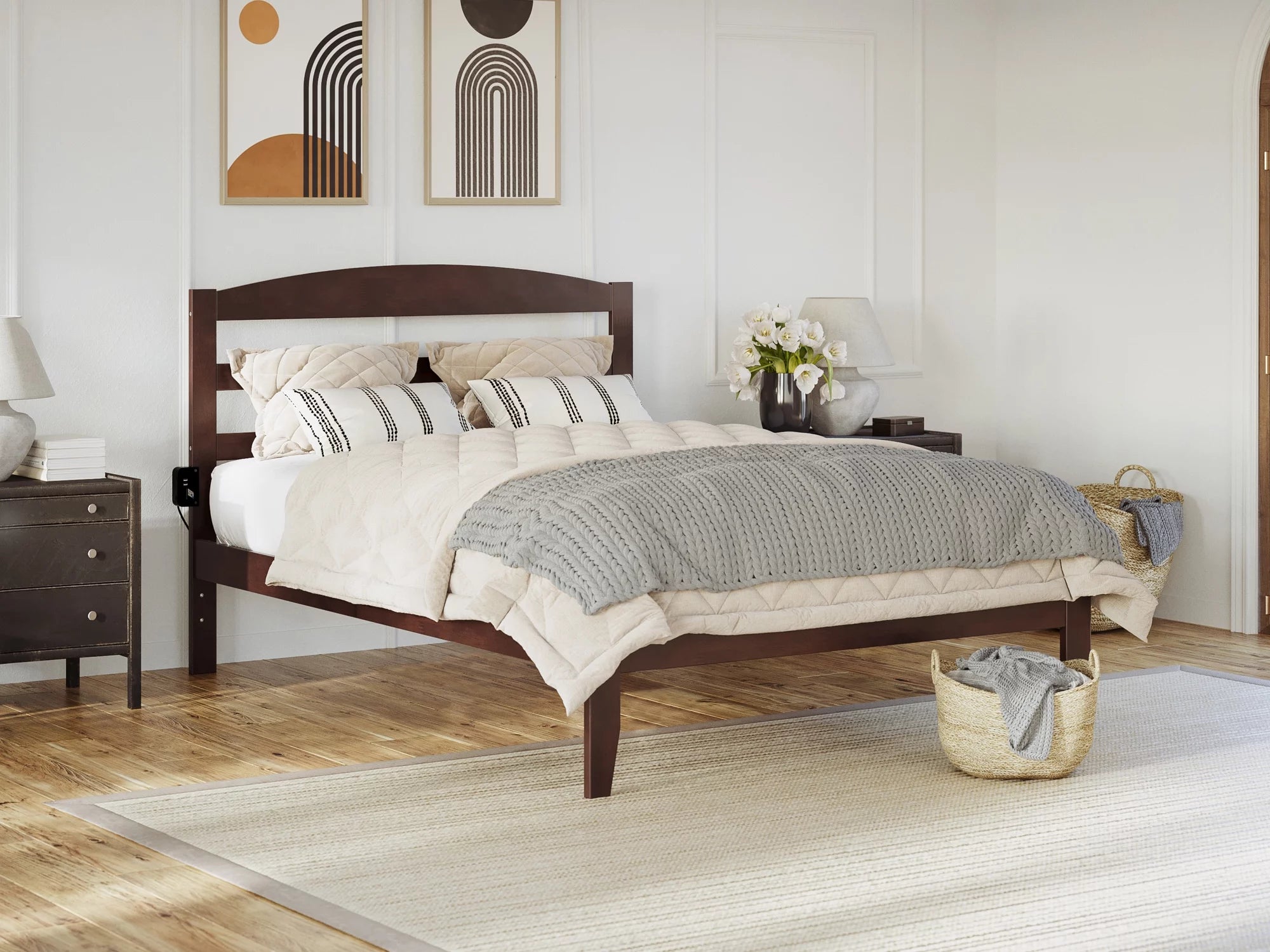 AFI Warren 14" Full Wood Platform Bed Frame with Slatted Headboard, Walnut