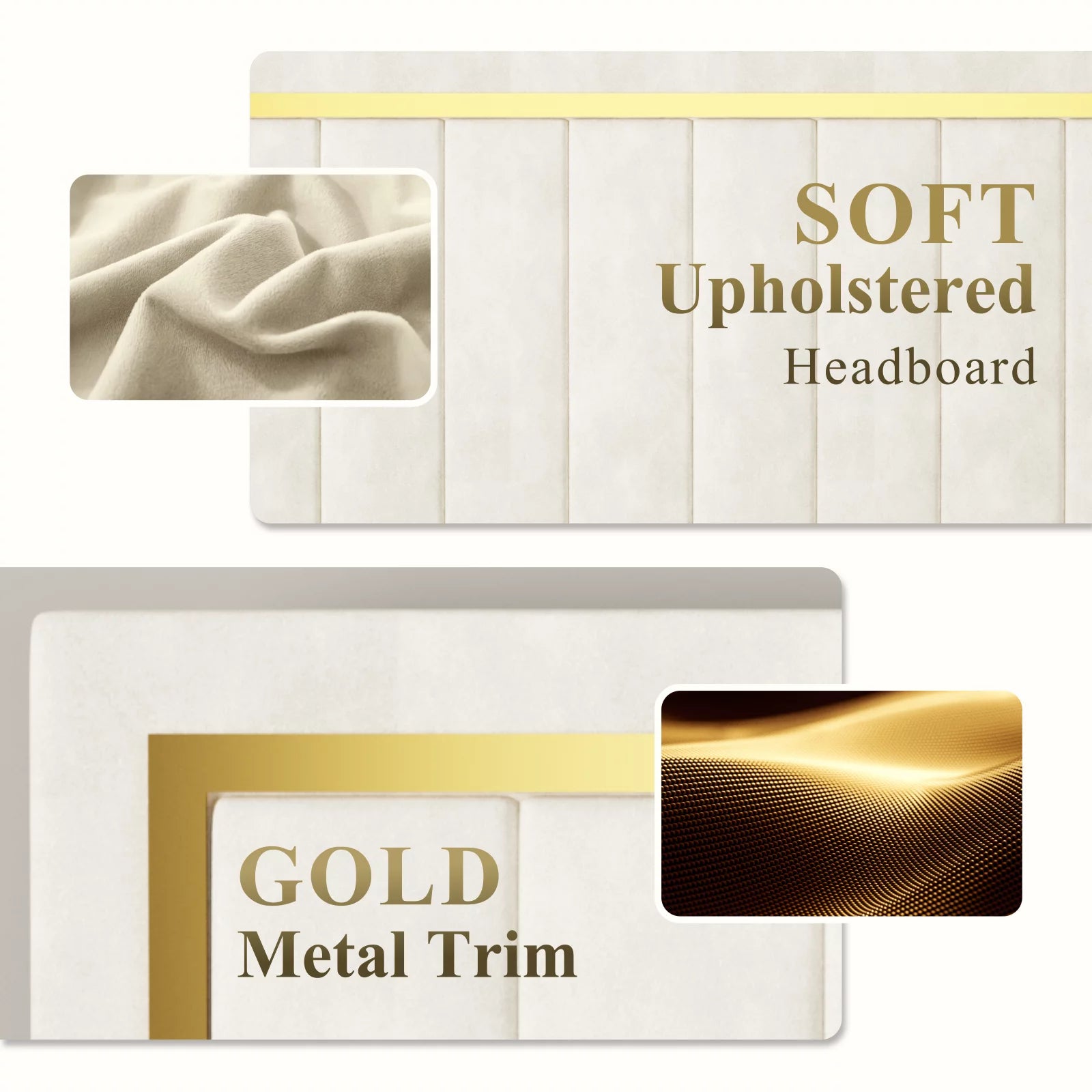 Bed Frame Upholstered Platform with Gold Trim Upholstered and Strong Wooden Slats, Strong Weight Capacity, Non-Slip and Noise-Free, Easy Assembly,Beige