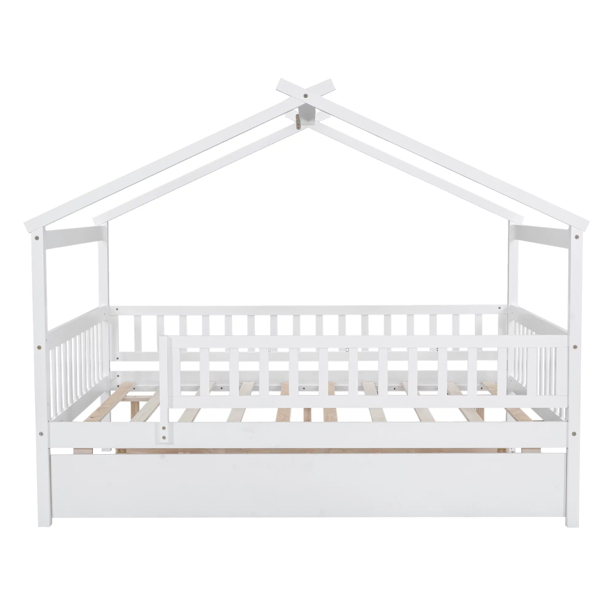 Bellemave Full Size House Bed with Trundle Playhouse Platform Bed Wooden House-shaped Bed Frame with Fence Guardrail and Roof Tent Beds for Kids, Boys, Girls, Teens (White, Full Size)