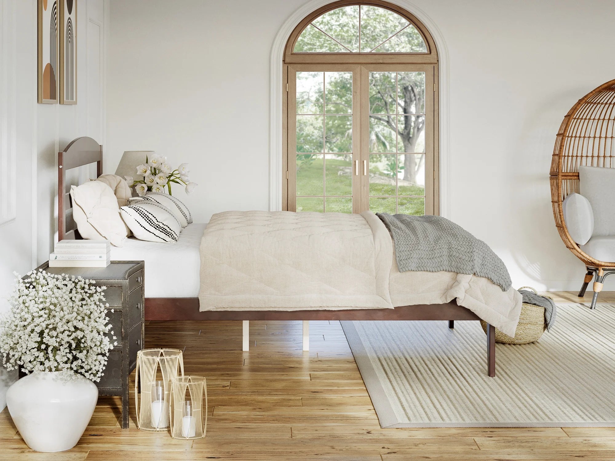 AFI Warren 14" Full Wood Platform Bed Frame with Slatted Headboard, Walnut