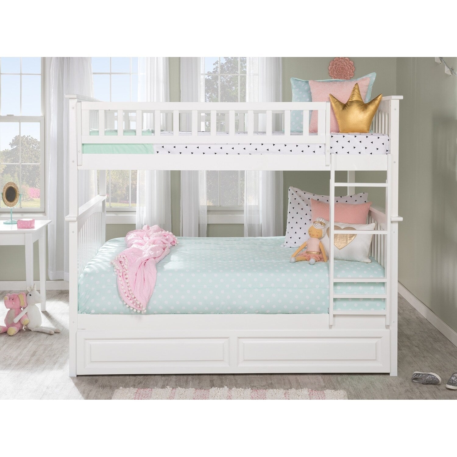AFI Columbia Bunk Bed Full over Full with Twin Trundle Bed in White