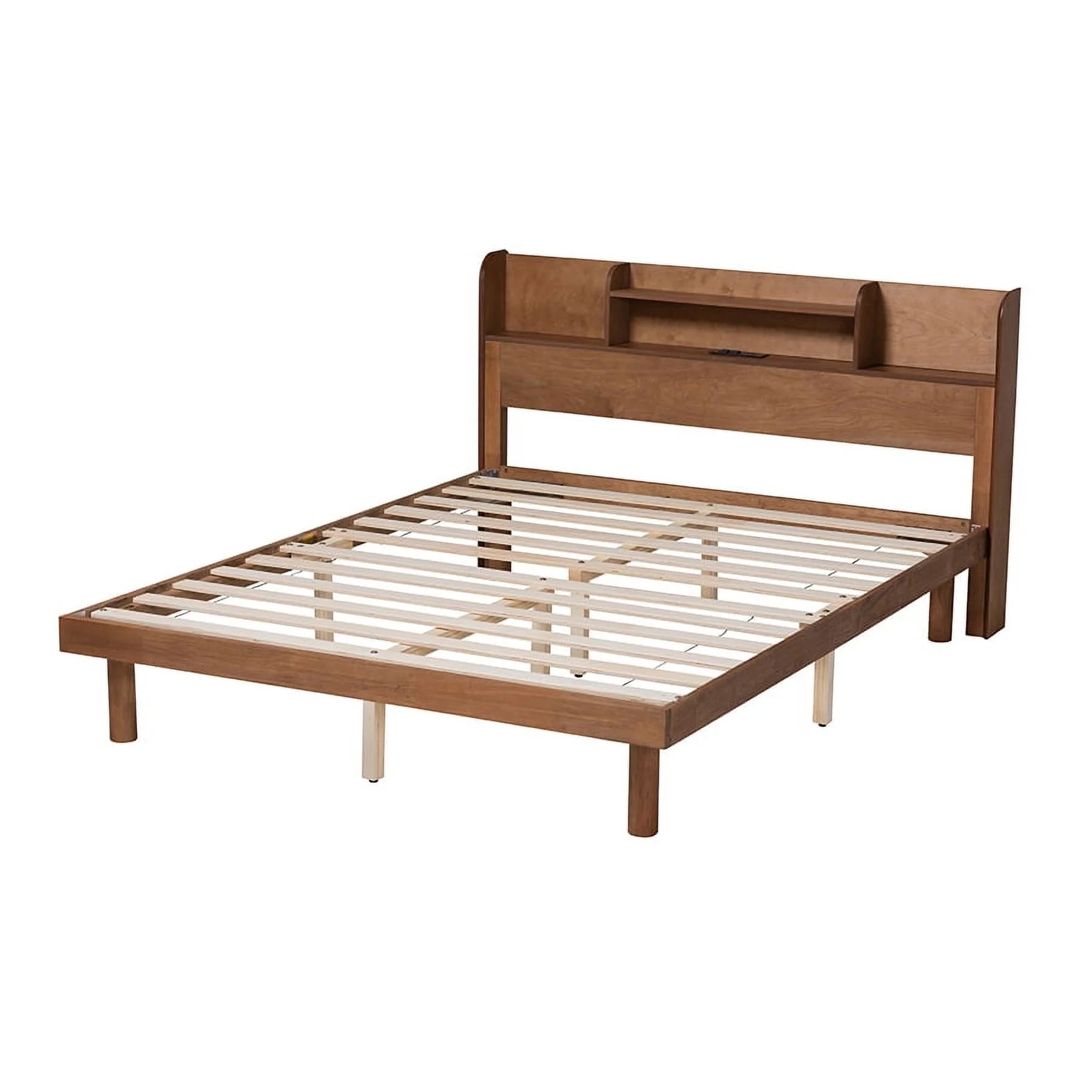 Baxton Studio Harper Mid-Century Modern Transitional Walnut Brown Finished Wood Full Size Platform Bed with Charging