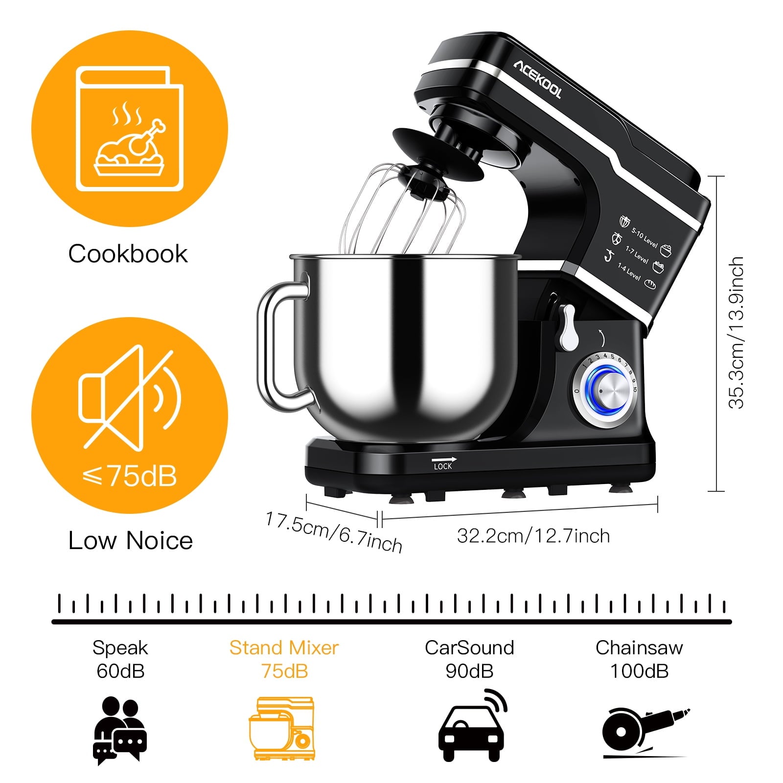 Acekool Stand Mixer, 7.5Qt 10 Speed 660W Tilt Head Electric Food Mixer