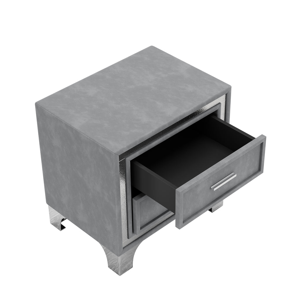 2-Drawer Nightstand with Metal Legs for Bedroom,Velvet Bedside Table-Gray