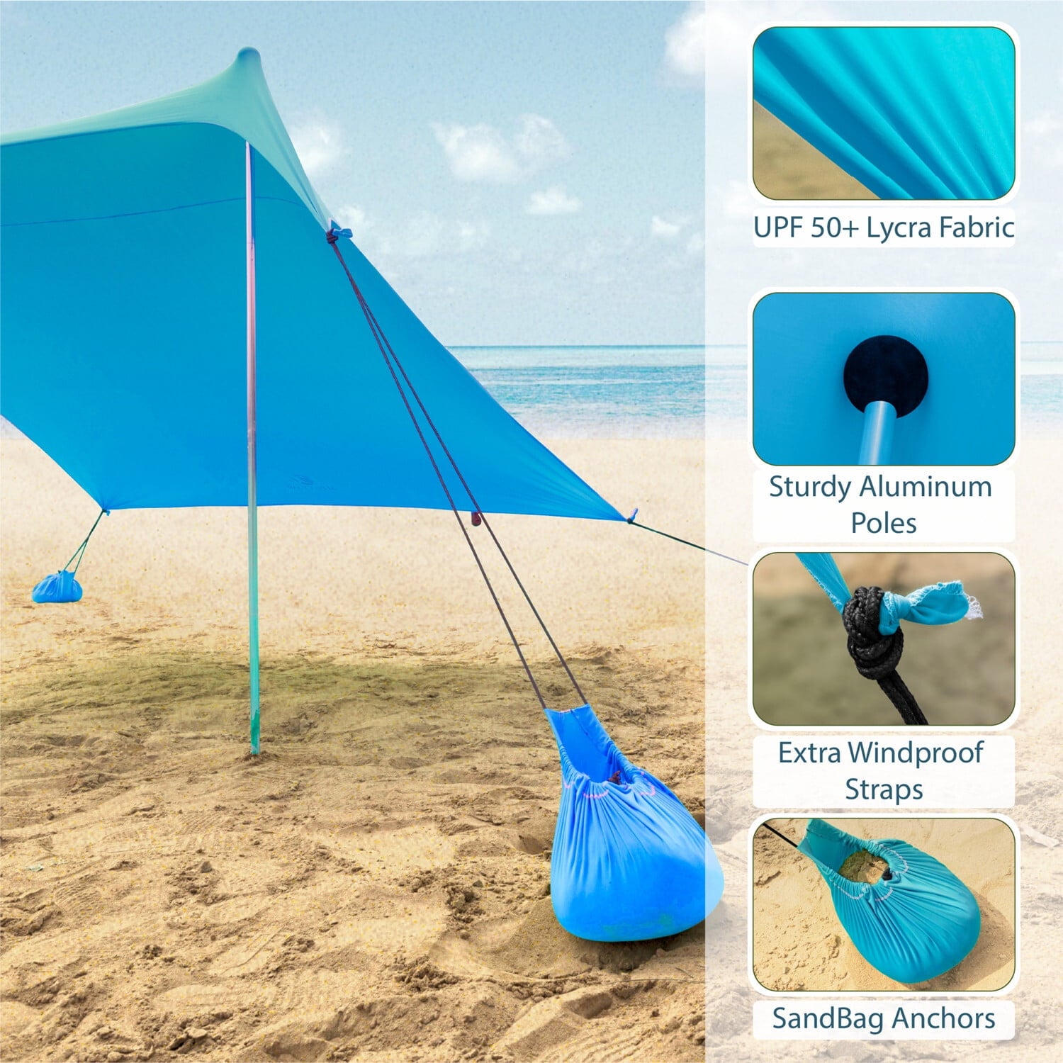 Alpha Camper Sunshade Beach Tent Sun Shelter UPF 50+ Portable Canopy Tent 7.6'x7.2' for 3-4 Person, Blue