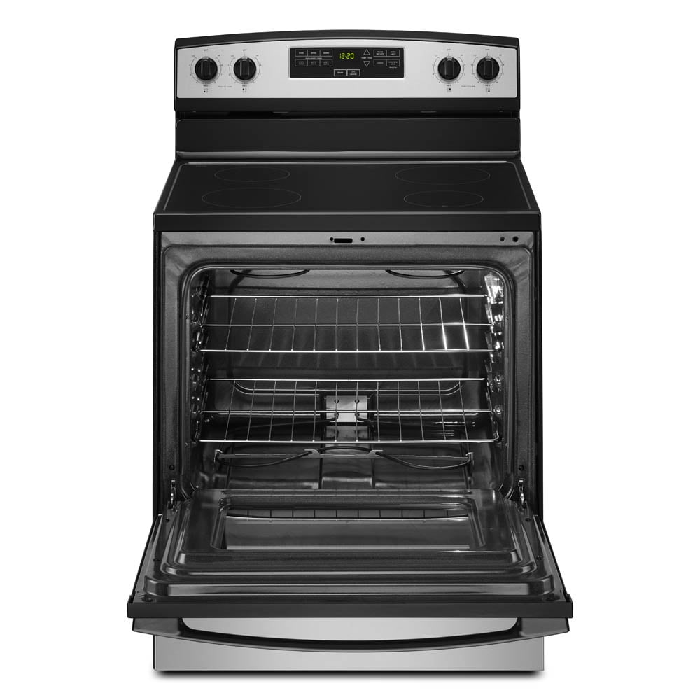 Amana® Brand New Model - AER6303MMS 30-inch Electric Range with 4.8 Cu ft oven. - assembled product Depth: 27.5” - assembled product height: 46.08” - assembled product Width: 30”