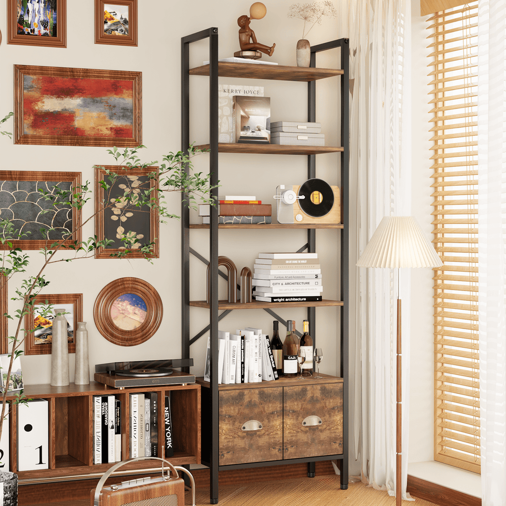 BEHOST Bookshelf with 6 Tiers, Tall Bookcase 70in with 2 Fabric Drawers, Wood Shelves for Home, Office, 1 Pack, Rustic Brown