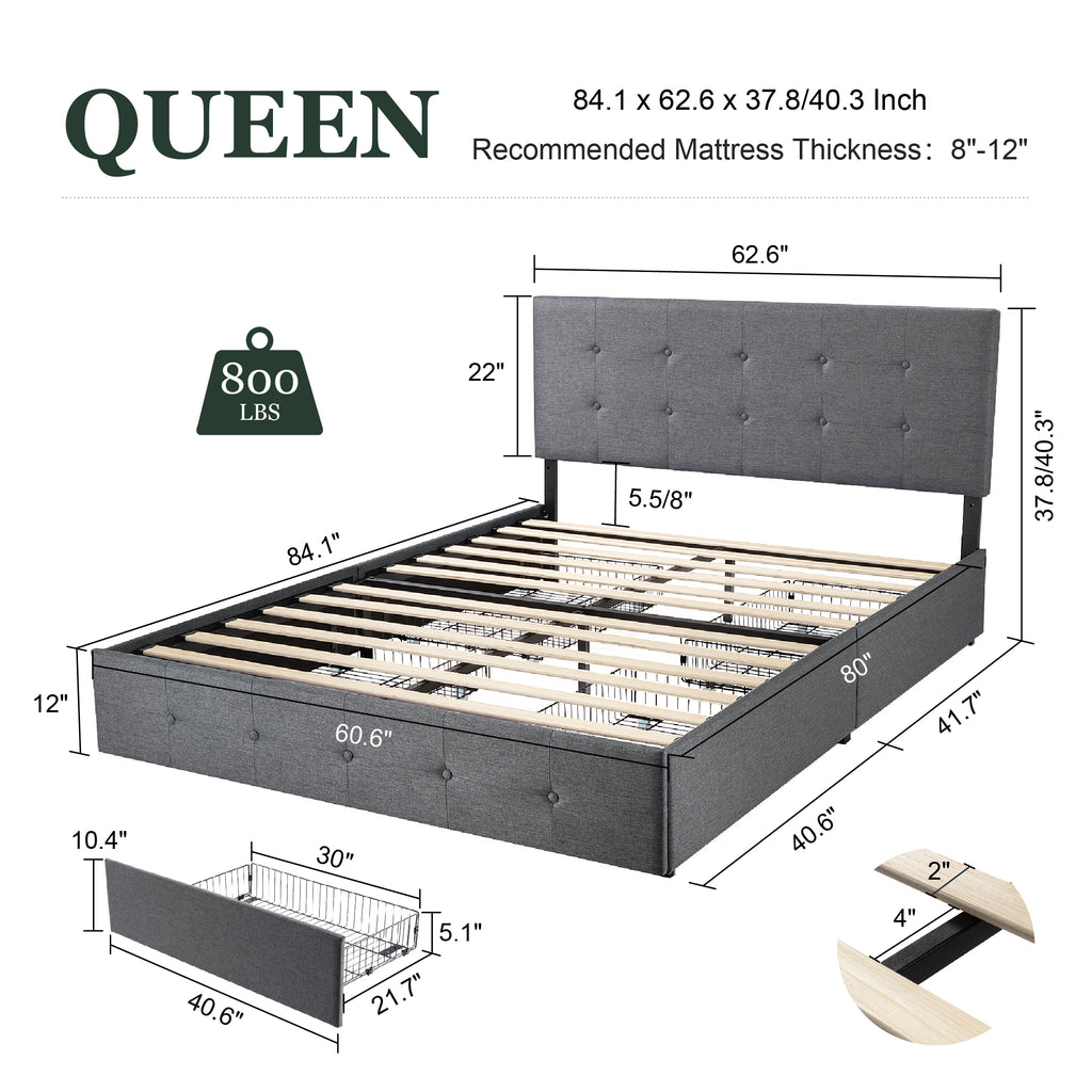 Amolife Queen Size Platform Bed Frame with Headboard and 4 Storage Drawers, Button Tufted Style, Mattress Not Included, Dark Gray