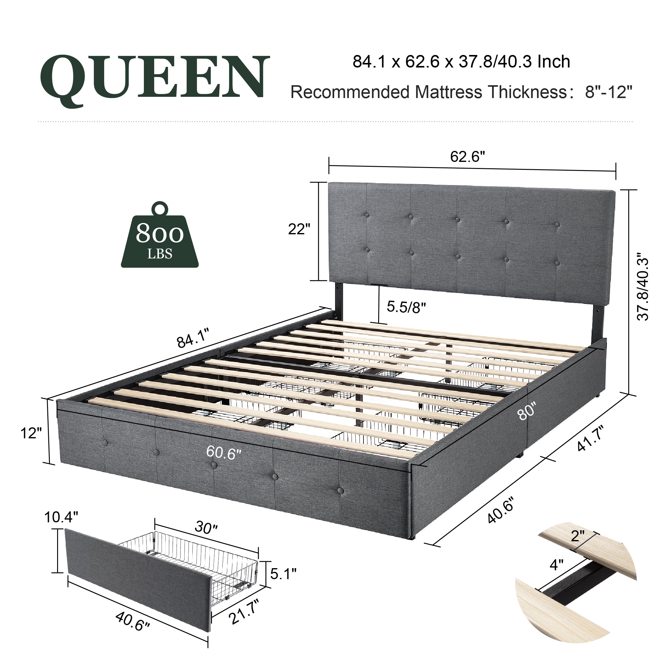 Amolife Queen Size Platform Bed Frame with Headboard and 4 Storage Drawers, Button Tufted Style, Mattress Not Included, Dark Gray
