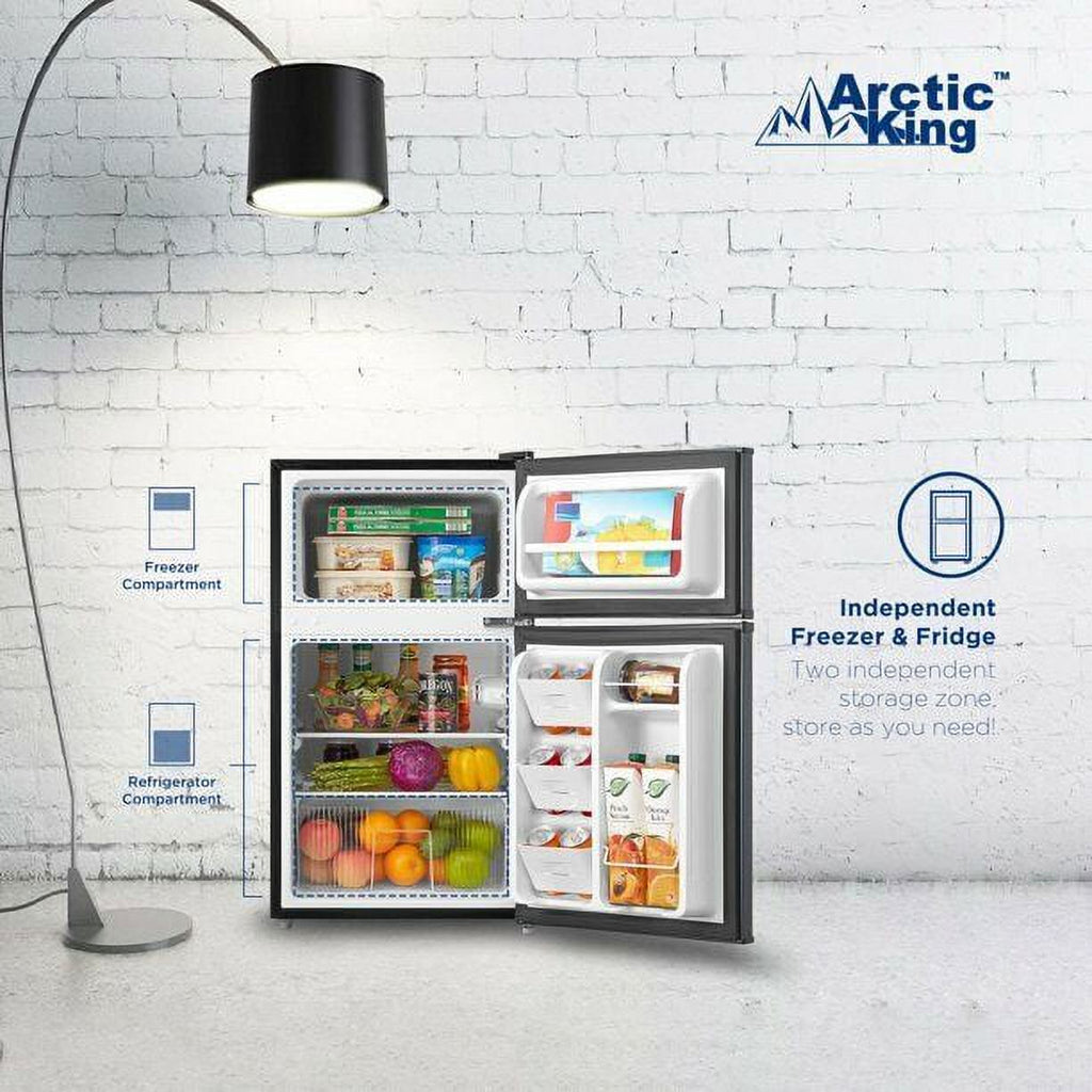 Arctic King 3.2 Cu Ft Two Door Compact Refrigerator Freezer Stainless Steel, NEW