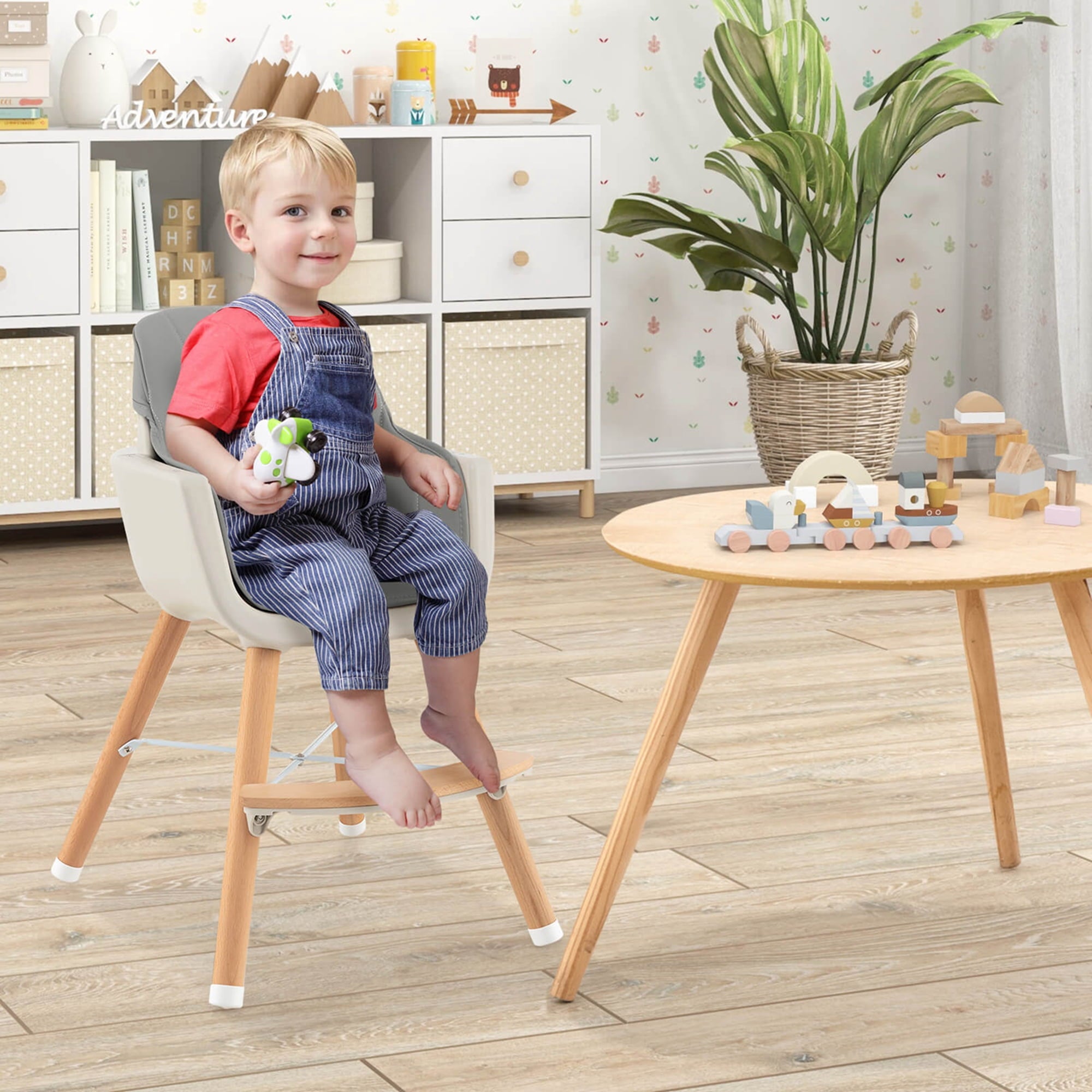 Babyjoy 3 in 1 Convertible Wooden High Chair Toddler Feeding Chair with Cushion Beige