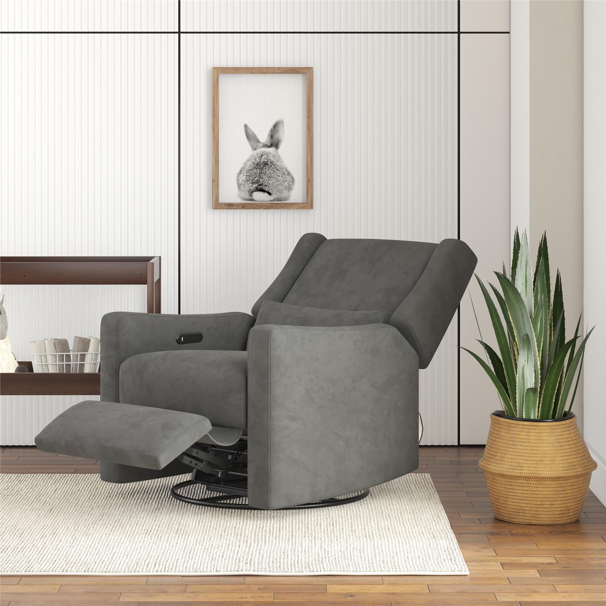 Baby Relax Otto 4-in-1 Nursery Swivel Glider Rocker Power Recliner with USB Ports, Gray Velvet
