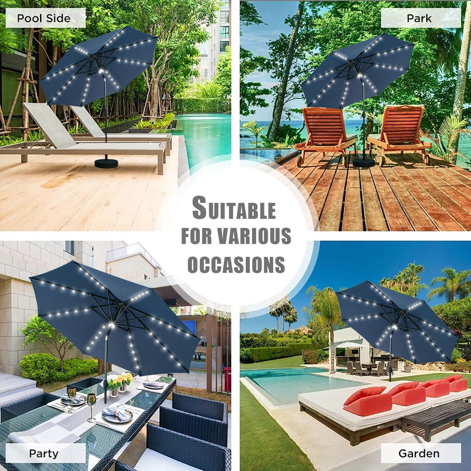 Autlaycil 10 ft Solar Patio Umbrellas with 40 LED lights for Market Outdoor Pool, Steel Tilt Crank, Navy Blue