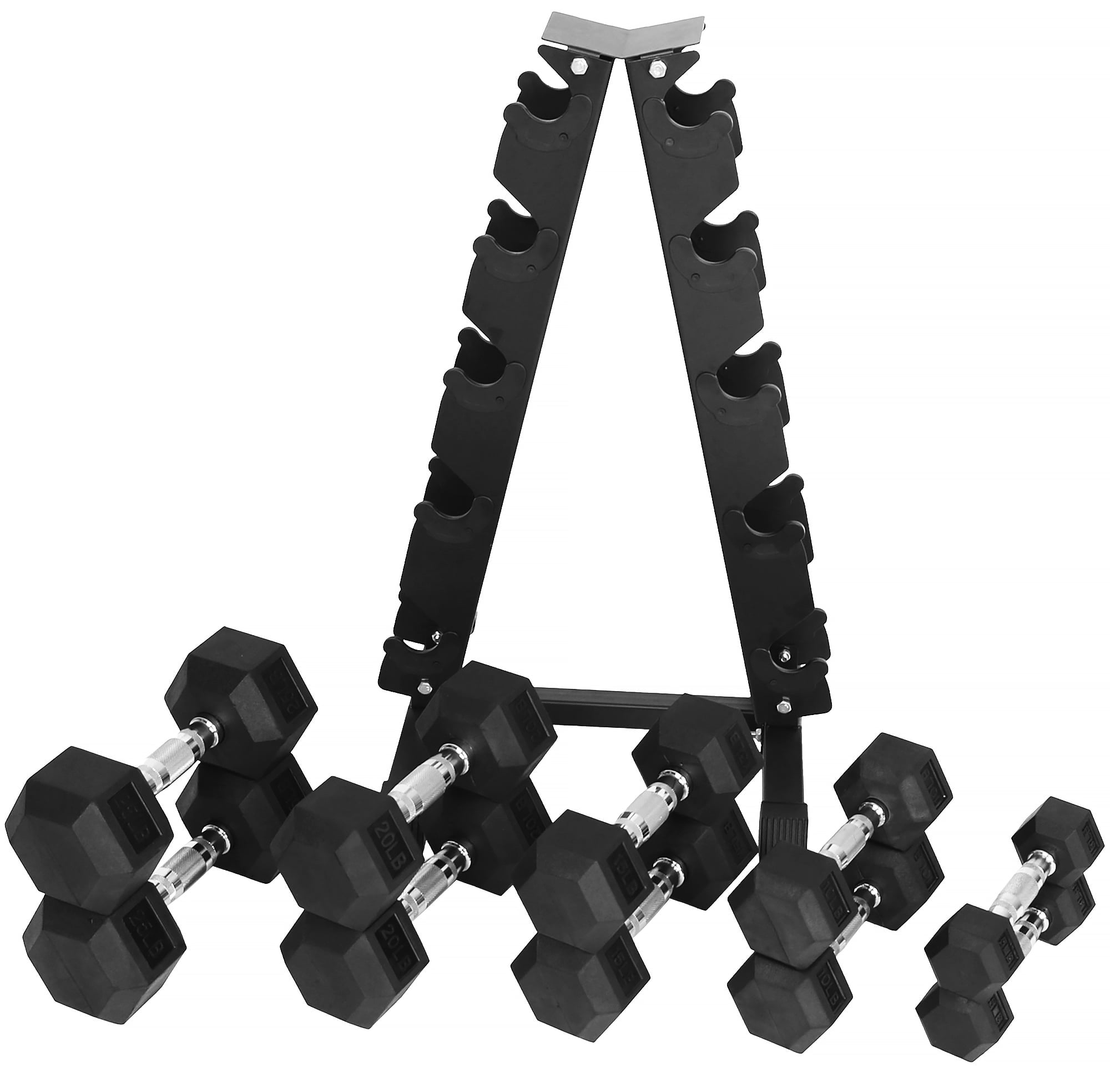 BalanceFrom 100LB Rubber Coated Hex Dumbbell Weight Set with A-Frame Rack, 5-20 lbs Pairs
