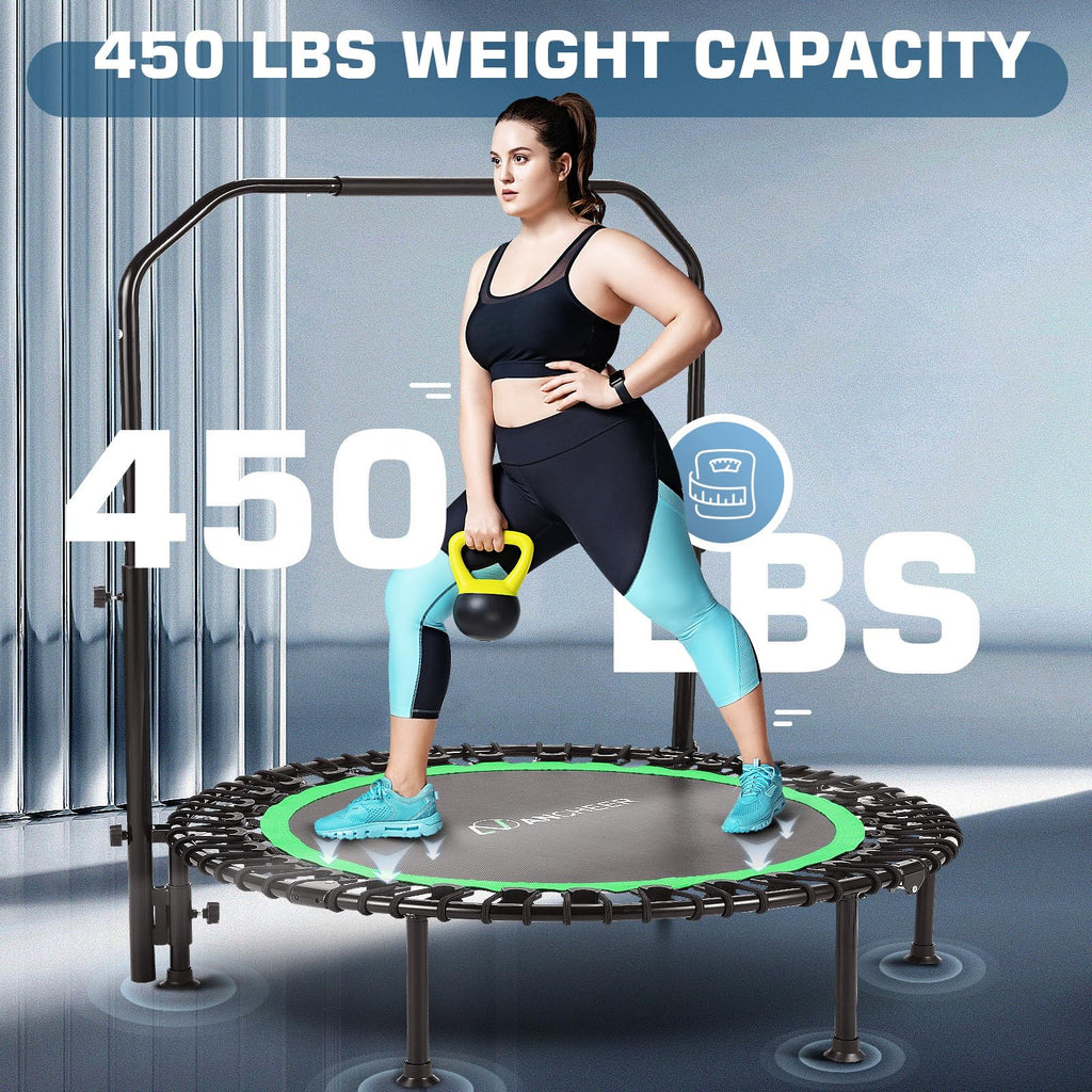 ANCHEER 40" Foldable Mini Trampoline with Bungees, Fitness Trampoline Workout Max Load 450lbs, Adjustable Foam Handle, Indoor Exercise Trampoline, Green
