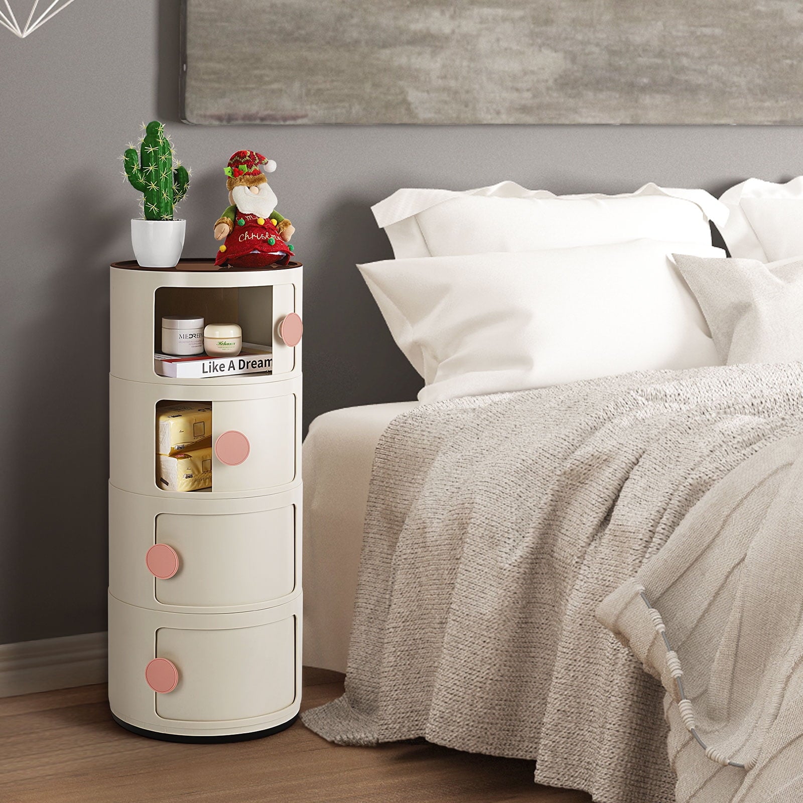 3 Drawer Sliding Barrel Modern Bedroom Nightstand, White