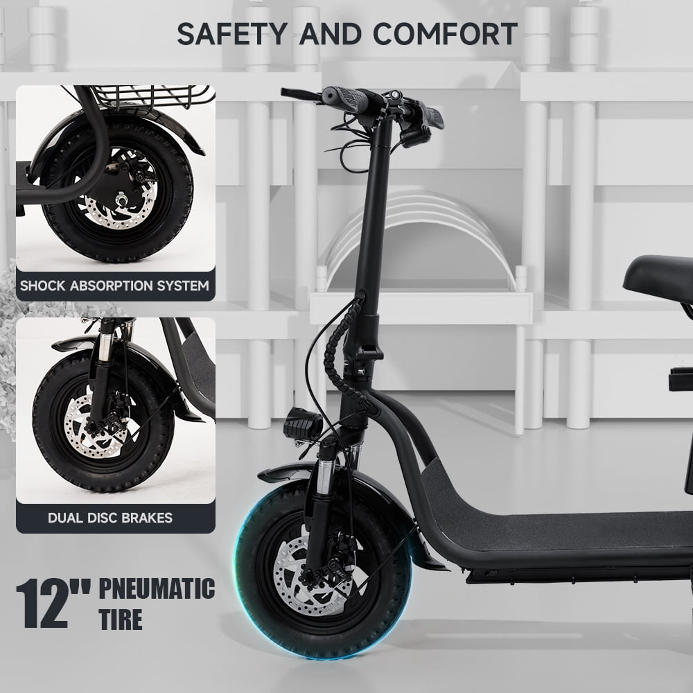 500W Adult Shock Absorption Electric Scooter with Seat 12" Commuter Electric Scooter With Carry Basket - Up to 25 Miles 18.6MPH