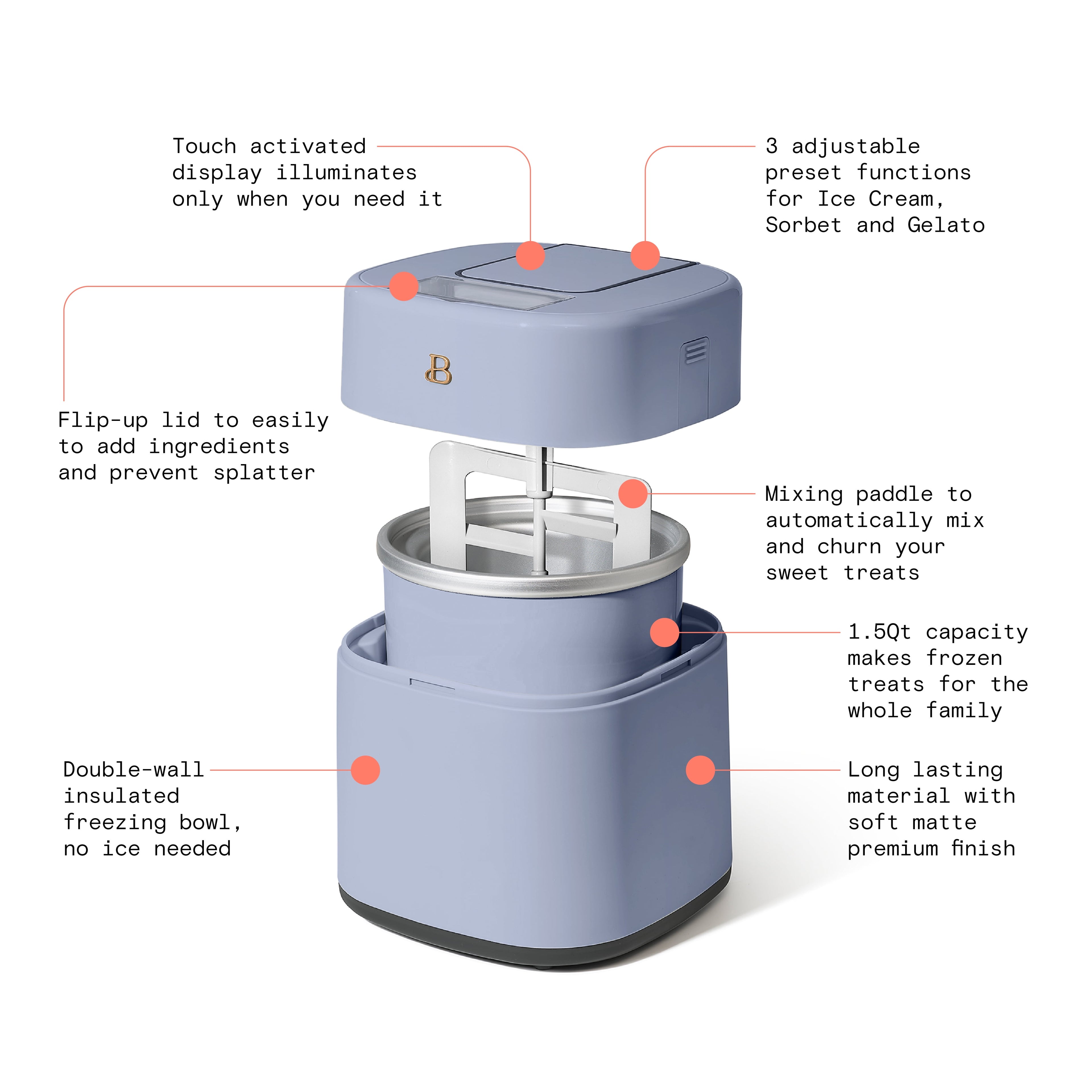 Beautiful 1.5 Qt Ice Cream Maker with Touch Activated Display, White Icing by Drew Barrymore