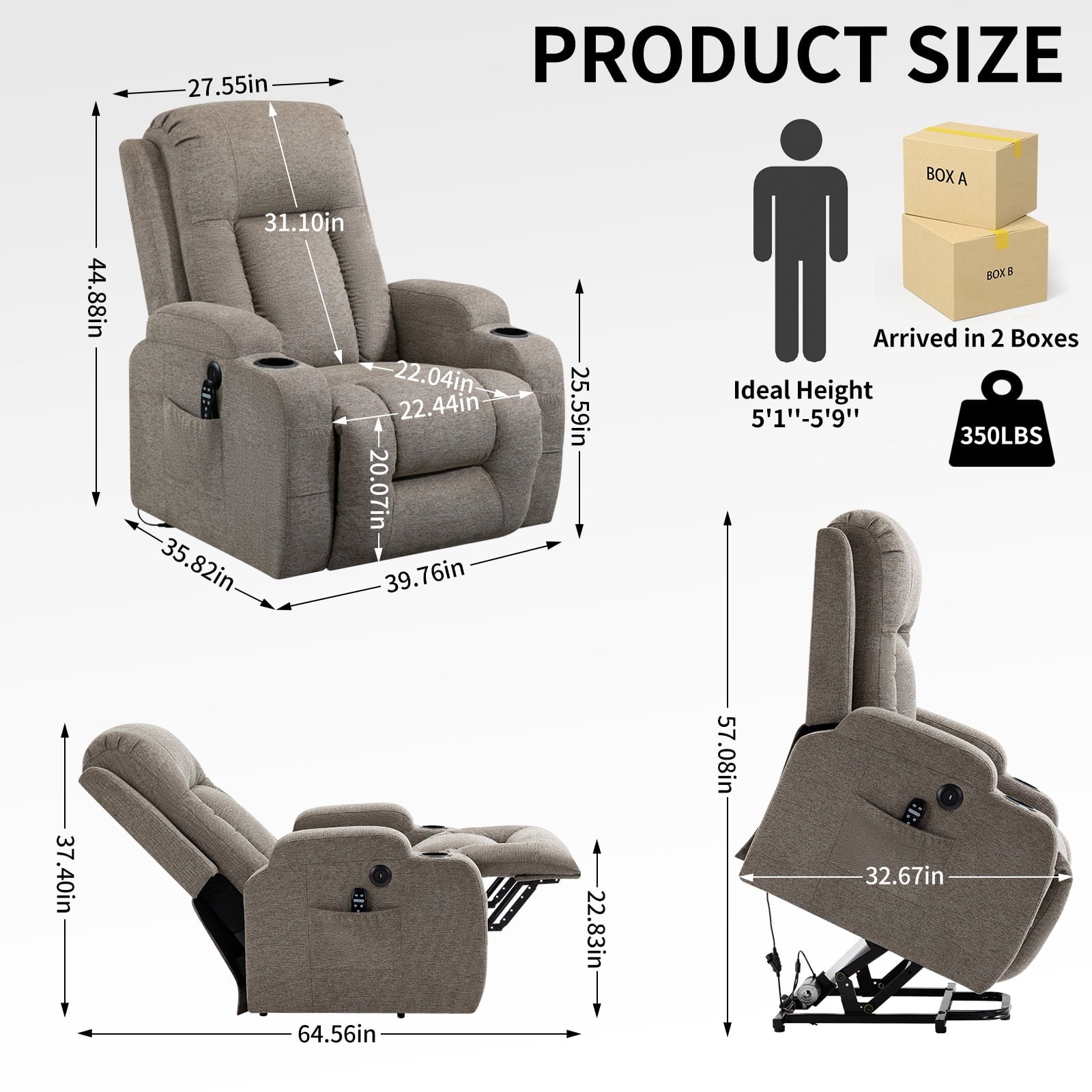 BedLuxury Power Lift Recliner Chair Sofa with Massage and Heat for Elderly,Extra Wide Heavy Duty Recliner with Cup Holders and Side Pockets for Living Room(Brown)