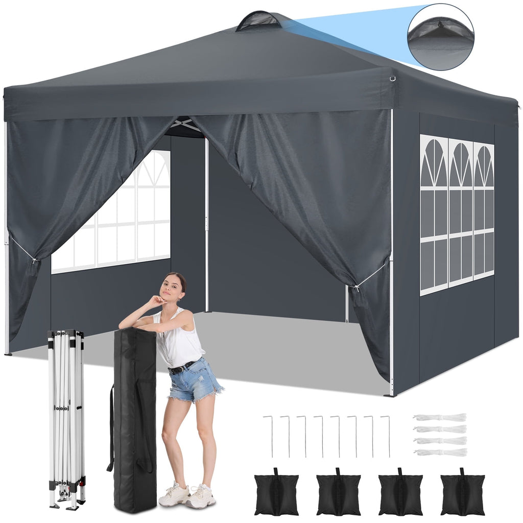 10'x10' EZ Pop Up Canopy with Top Vent, Large Commercial Tent, Waterproof and Sunproof with 4 Removable Sidewalls, Suitable for Weddings come with 4 Sandbags (Black)
