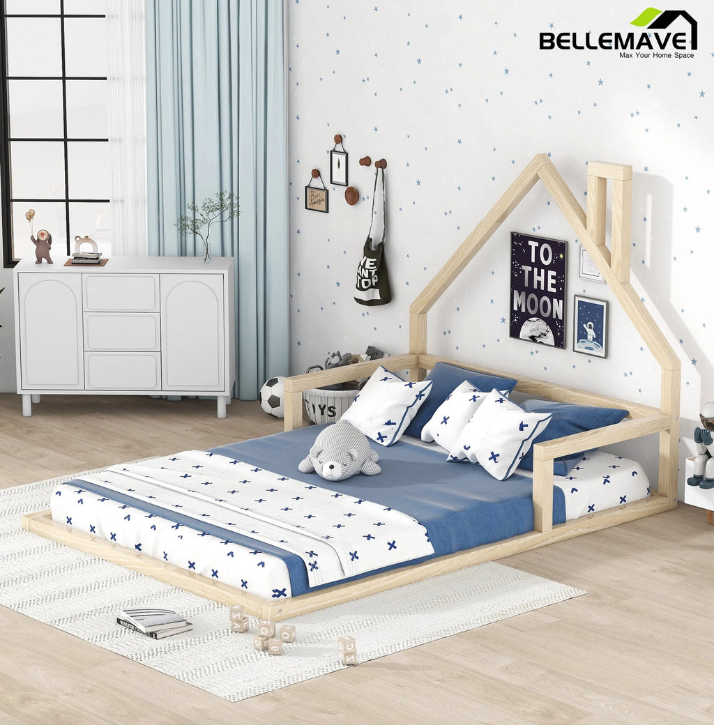 Bellemave Full Size Wood Floor Bed with House-shaped Headboard Toddler Bed Frame Montessori Floor Bed with Rails and Wooden Slats for Kids, Boys, Girls, No Box Spring Needed, Natural