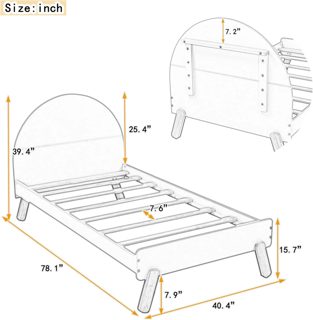 Bed Frame, Cute Platform Bed With Curved Headboard And Shelf Behind, Solid Wood Bed For Kids Teens Adults Girls Boys, No Box Spring Needed ( Size, White)