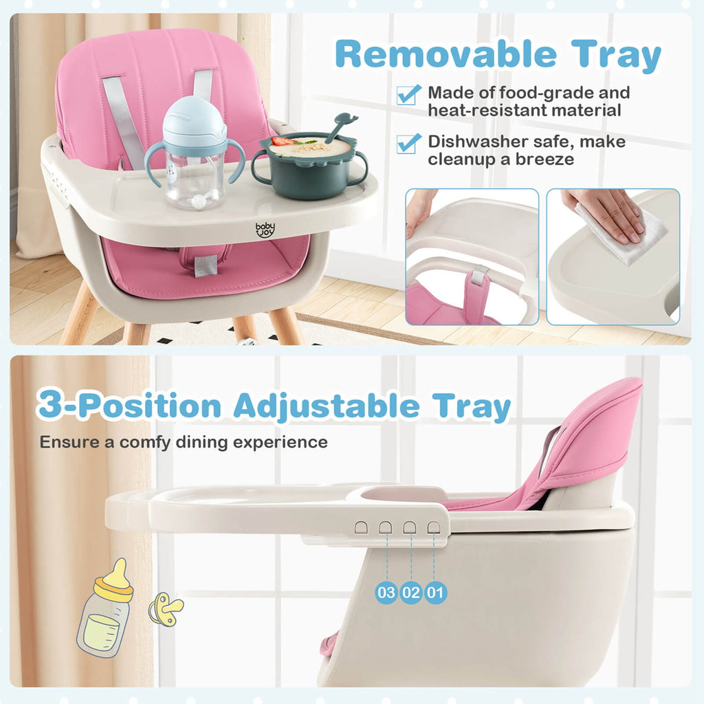 Babyjoy 3 in 1 Convertible Wooden High Chair Toddler Feeding Chair with Cushion Beige
