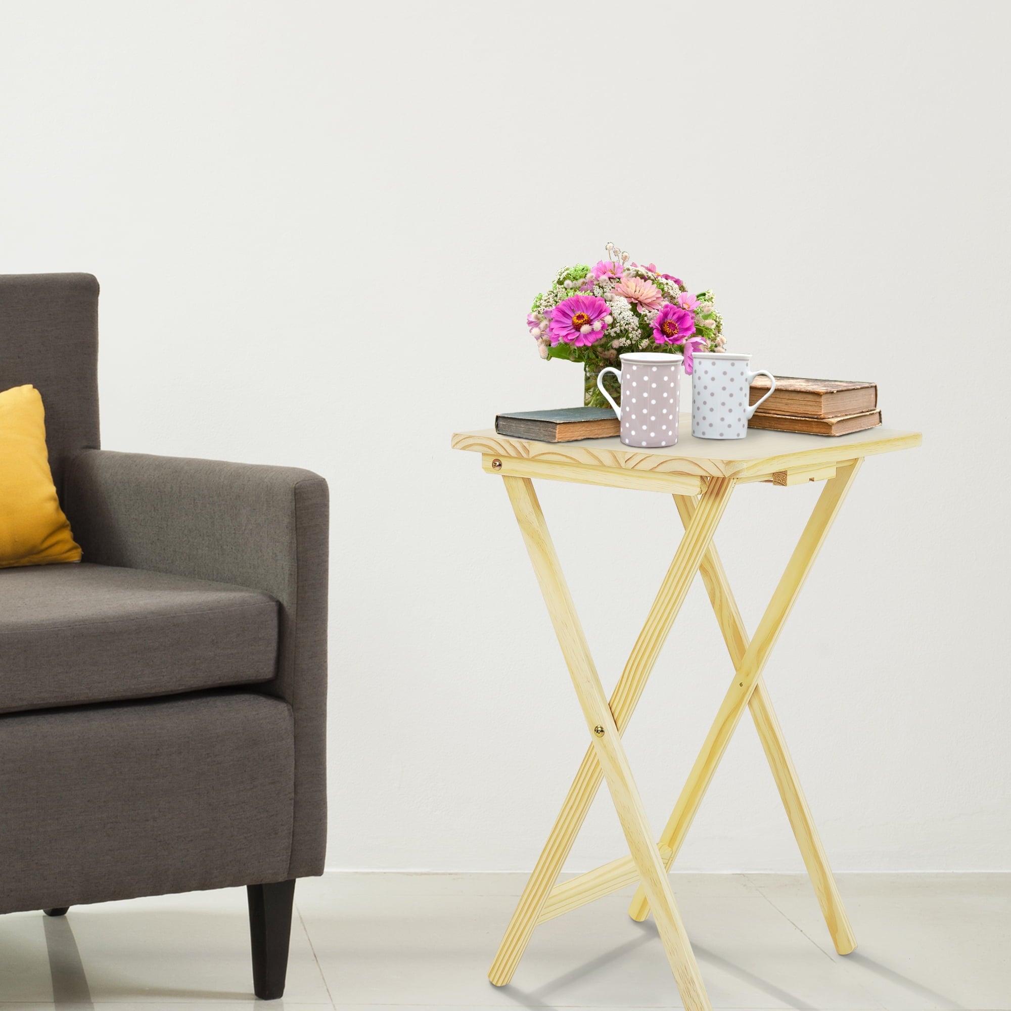 5 Piece TV Tray Table Set in Natural (4 Trays, 1 Stand)