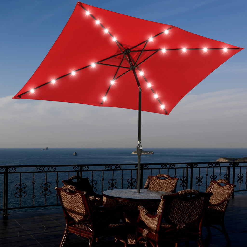 10x6.5ft Rectangle Outdoor Patio Beach Market Aluminium Umbrella Sun Shade Solar Powered Led Light Crank Tilt (Red)