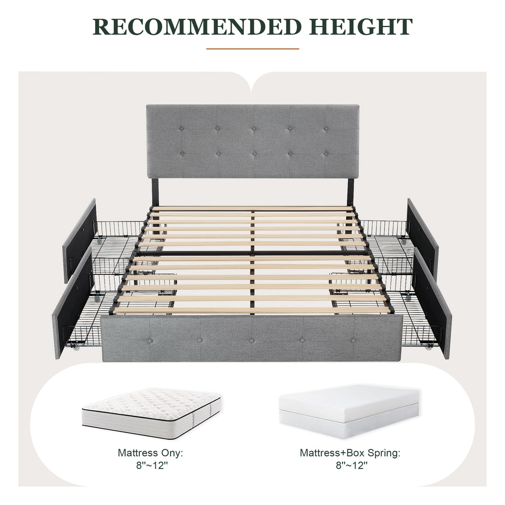 Amolife Queen Size Platform Bed Frame with Headboard and 4 Storage Drawers, Button Tufted Style, Mattress Not Included, Dark Gray