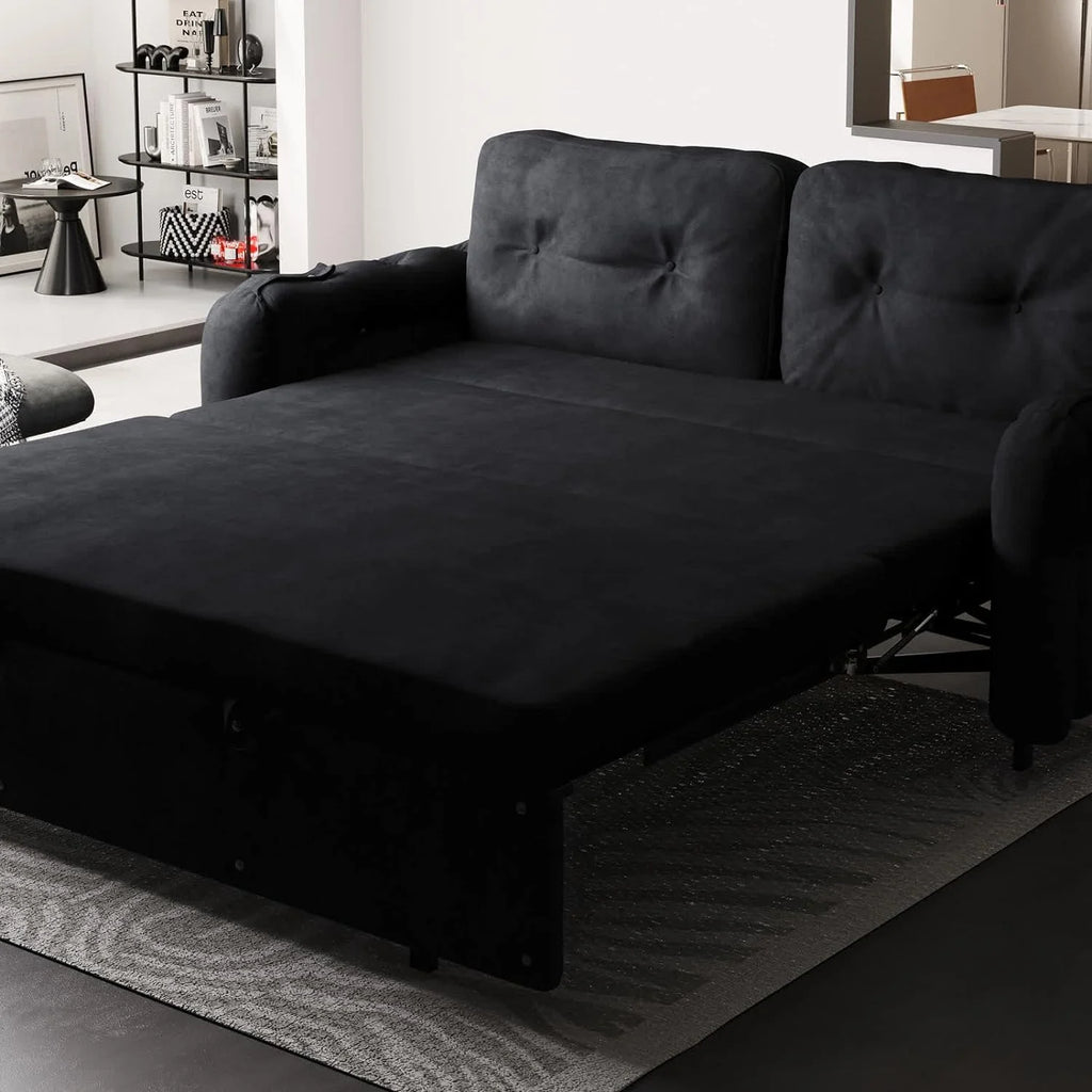 66.2" Sleep Sofa Bed Queen Size, Hydraulic System Pull Out Couch Bed, Sleeper Sofa  Loveseat with 2 Pillows, Modern Velvet Upholstered Couch for Living Room, Small Space, Apartment, Bedroom, Black