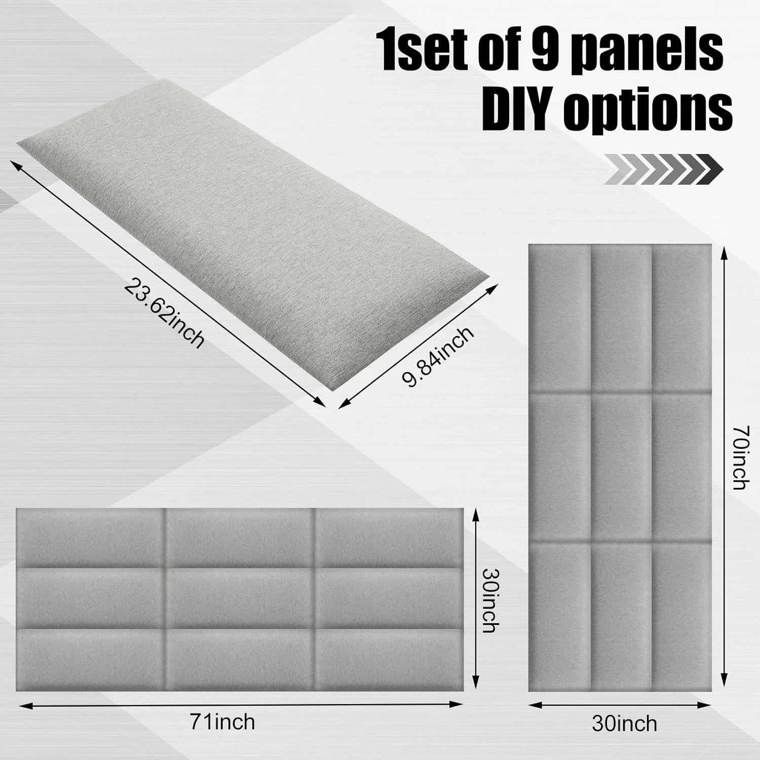 12 Pcs Panels Upholstered Wall Mounted Headboard, 3D Soundproof Wall Panels Peel and Stick Headboards for Queen Size Bed, Sized 10 x 24 Inches, Grey