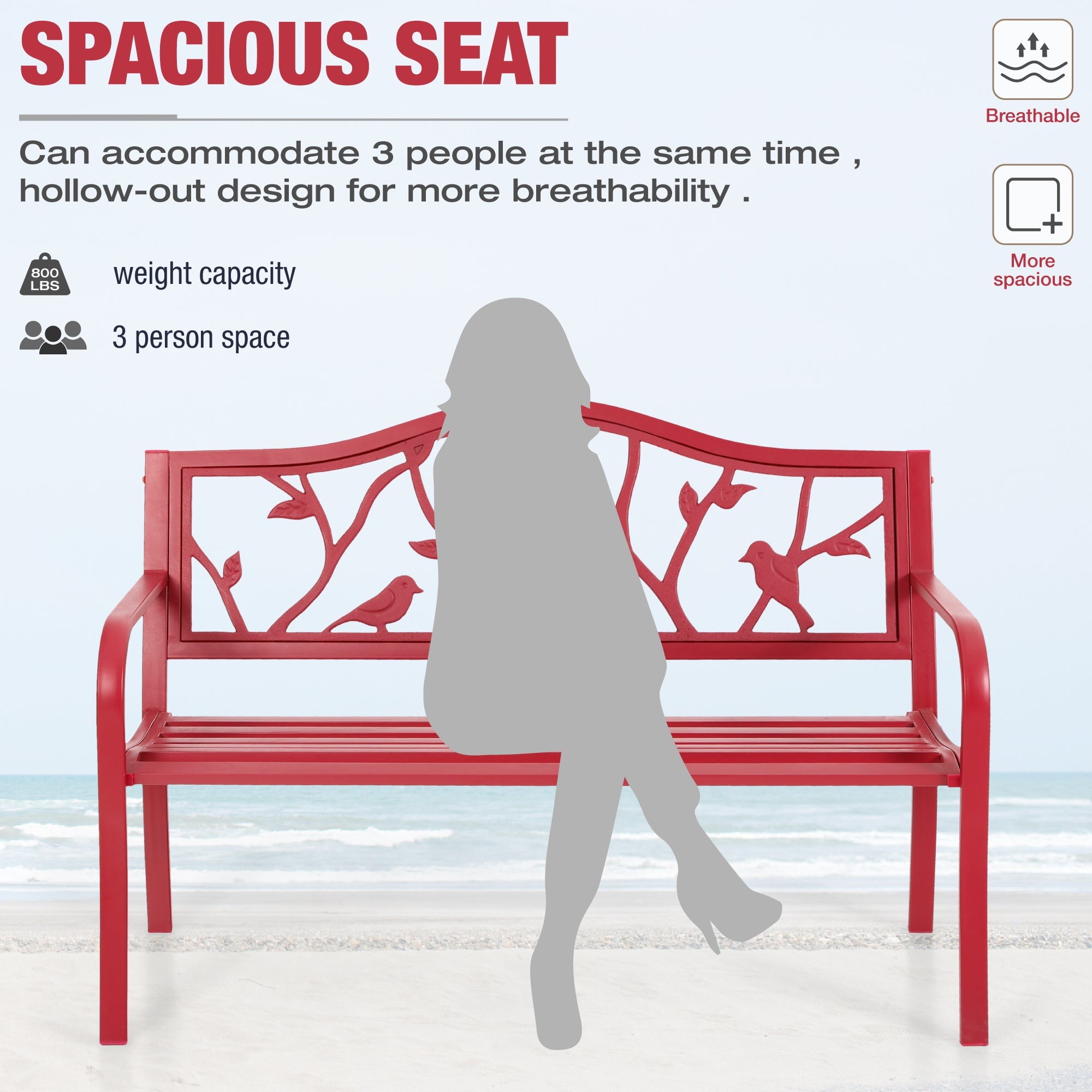 Alpha Joy 50” Outdoor Metal Patio Garden Bench for Lawn, Park, Deck - Red Bird