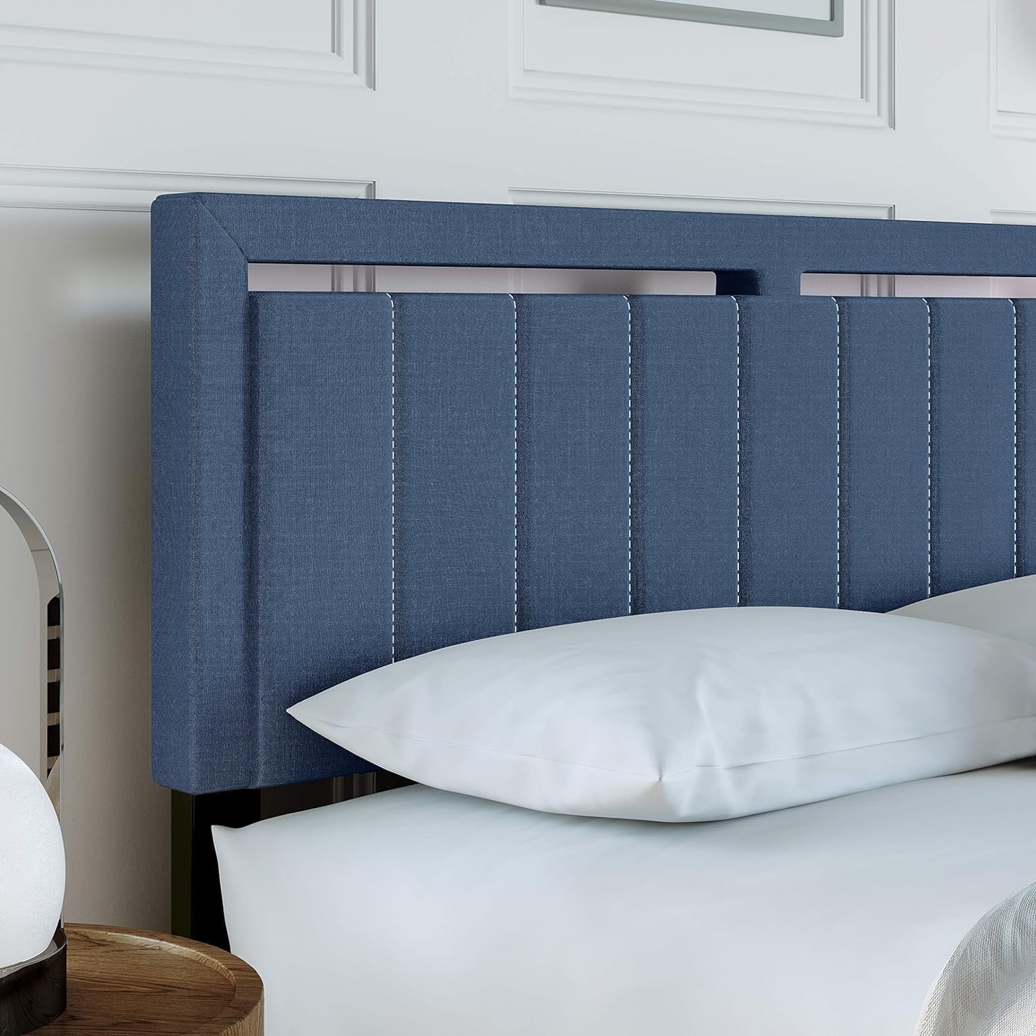 Beaumont Upholstered Platform Bed With Headboard, Mattress Foundation With Strong 14 Wood Slat Supports, No Box Spring Required, Blue Linen, Size King