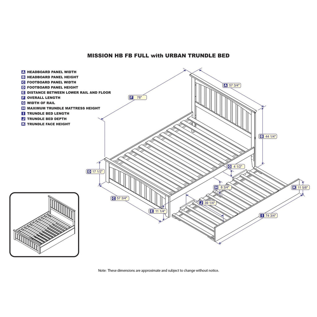 AFI Mission Full Platform Bed with Footboard and Twin Trundle in Walnut