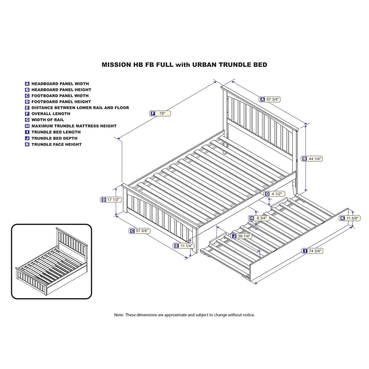 AFI Mission Full Platform Bed with Footboard and Twin Trundle in Walnut