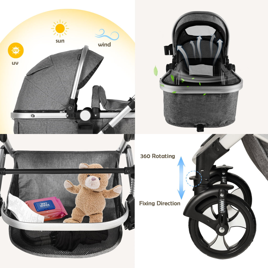 AILEEKISS 3 in 1 Baby Stroller, Convertible Newborn Bassinet Stroller Unisex Infant Carriage, Black