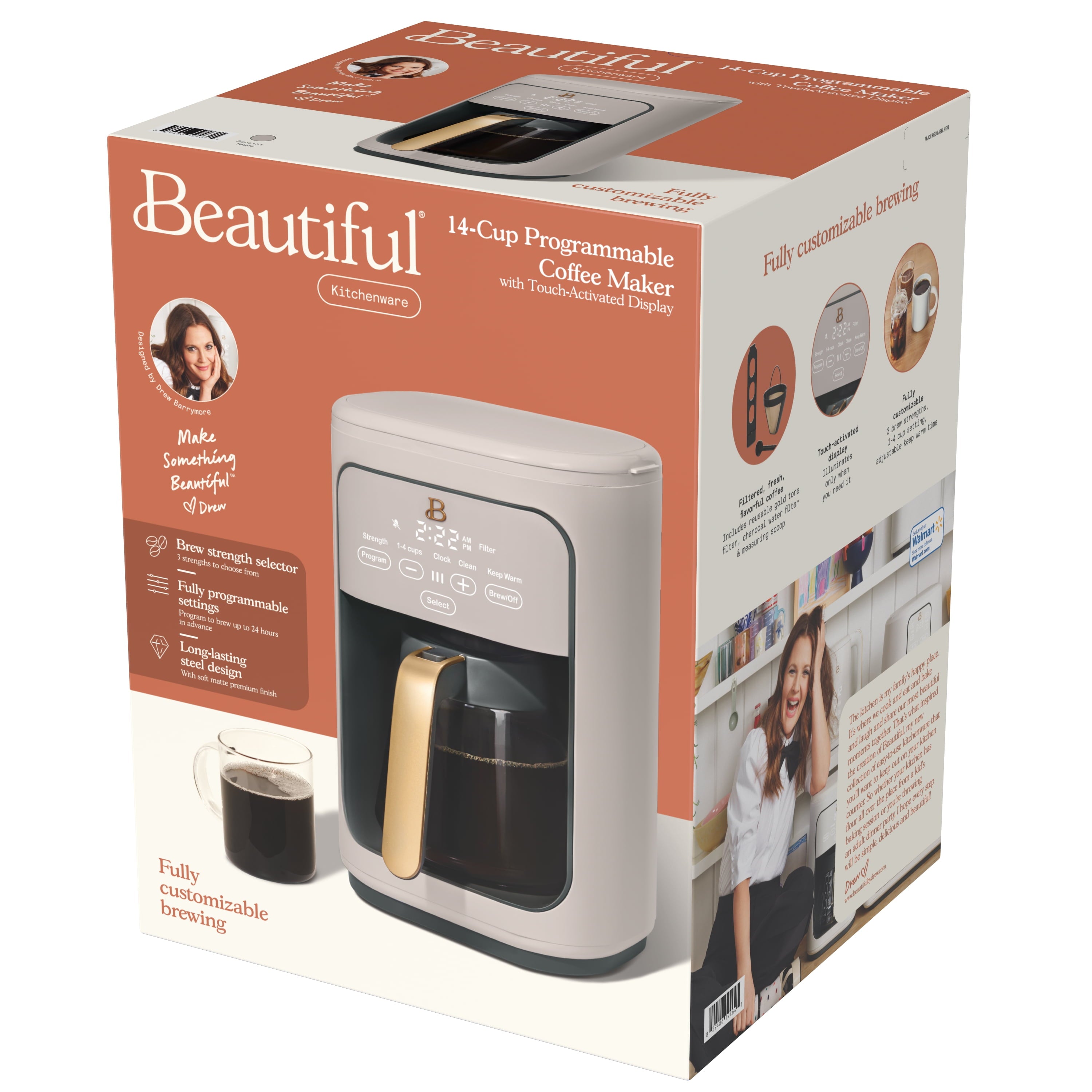 Beautiful 14-Cup Programmable Drip Coffee Maker with Touch-Activated Display, White Icing by Drew Barrymore