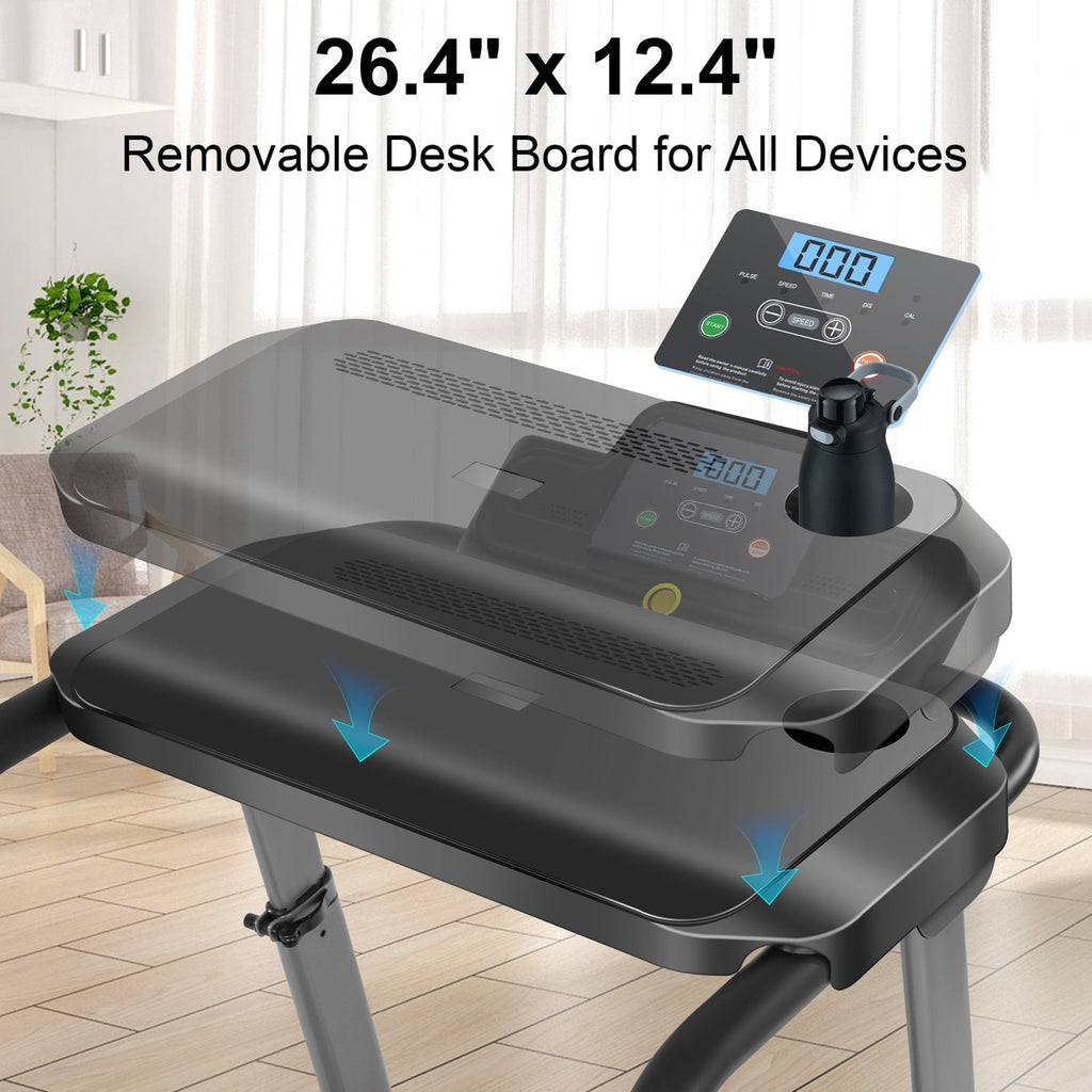 ADNOOM 300Lbs Treadmill with Desk - 2.5 HP Portable Folding Treadmill for Home, Running Machine with Incline（Gray）