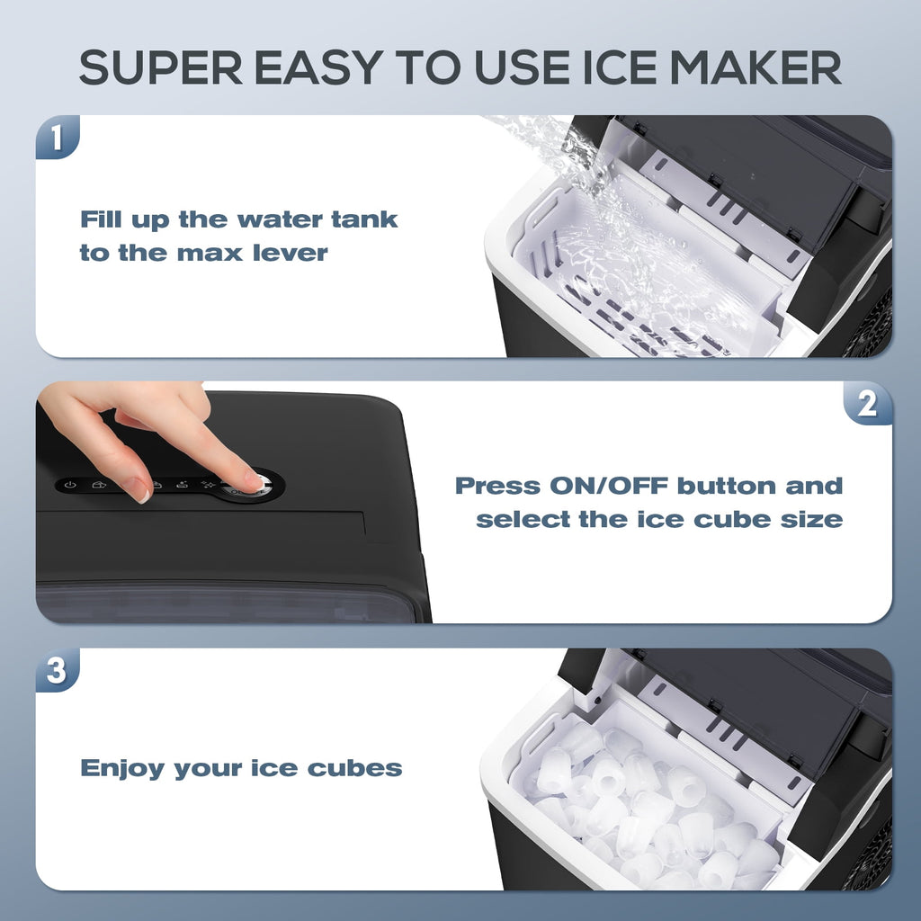 Auseo Portable Ice Maker Countertop, One-Click Operation Ice Makers with Ice Scoop and Basket, for Kitchen/Office/Bar/Party-Black