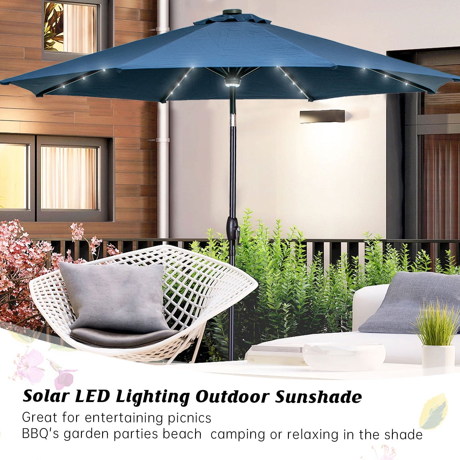 Autlaycil 10 ft Solar Patio Umbrellas with 40 LED lights for Market Outdoor Pool, Steel Tilt Crank, Navy Blue