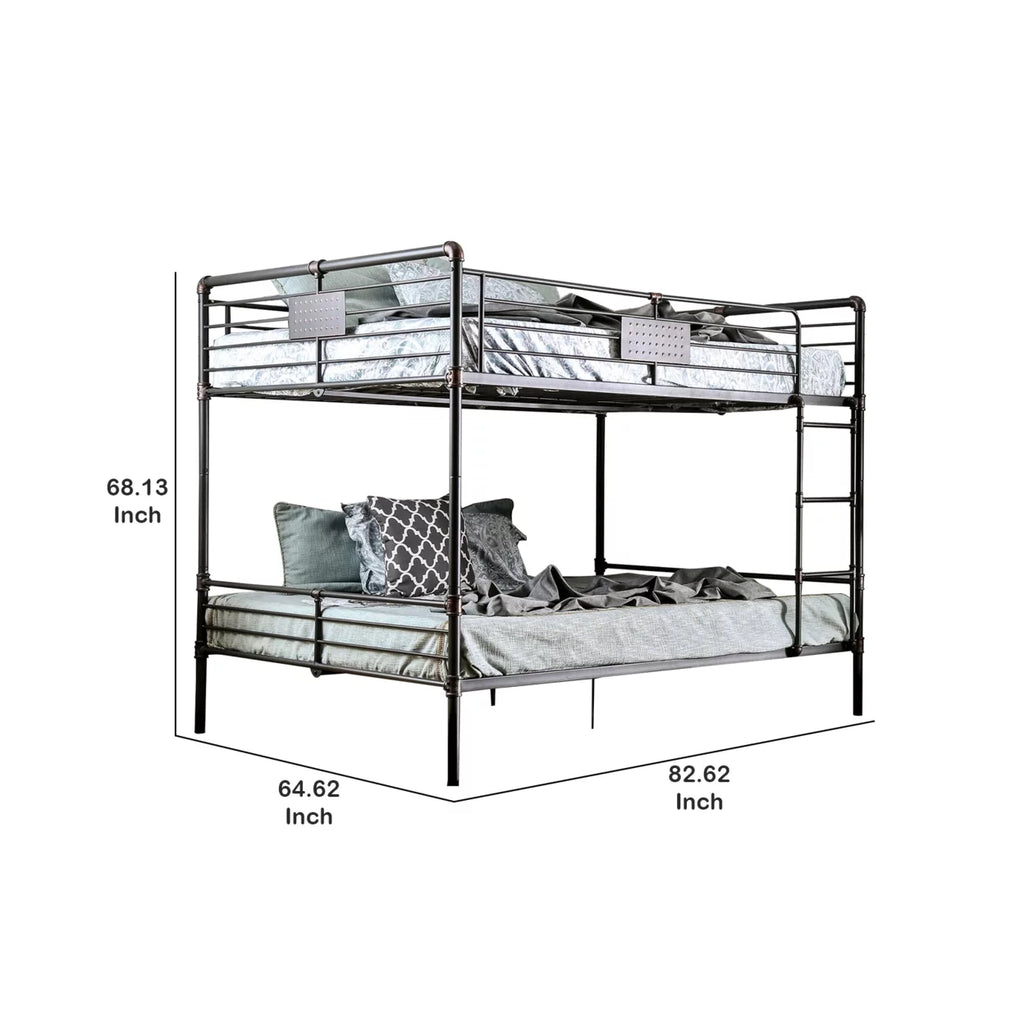 2 Tier Industrial Style Queen Size Bunk Bed with Attached Ladder, Black- Saltoro Sherpi